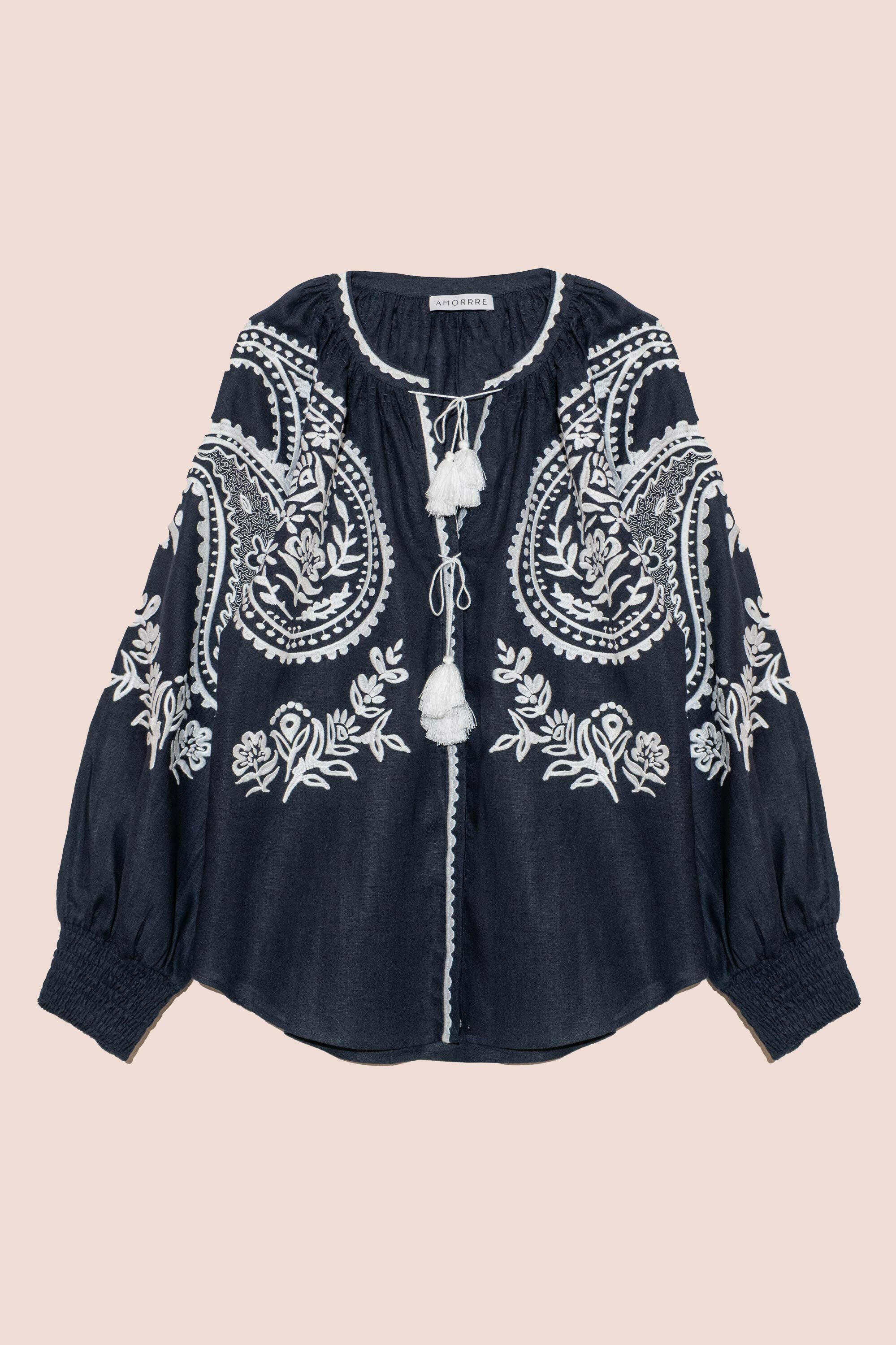 Amina Long Sleeve Blouse in Midnight Blue by Amorrre – Luxury Resortwear, Embroidered Dresses & Kaftans.