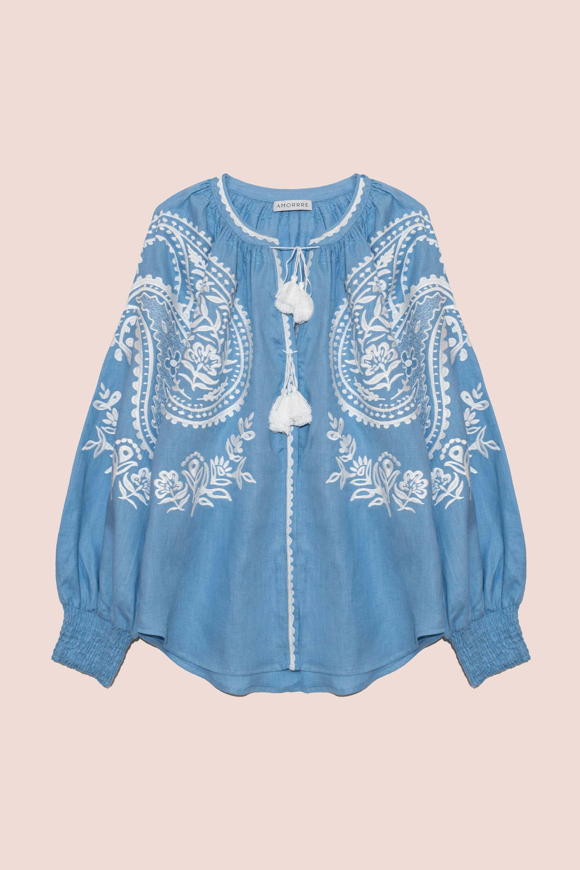 Amina Long Sleeve Blouse in Pastel Blue by Amorrre – Luxury Resortwear, Embroidered Dresses & Kaftans.