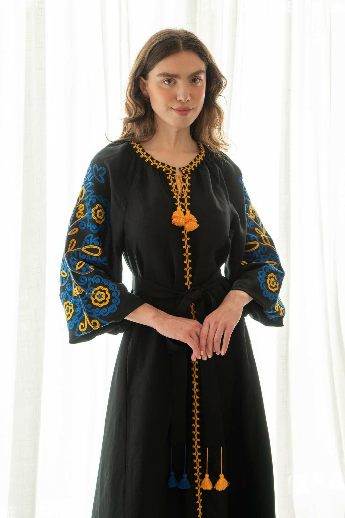 The Janni Dress in Midnight Summer — Embroidered Linen Blend Maxi Dress by Amorrre – Luxury Resortwear, Embroidered Dresses & Kaftans.