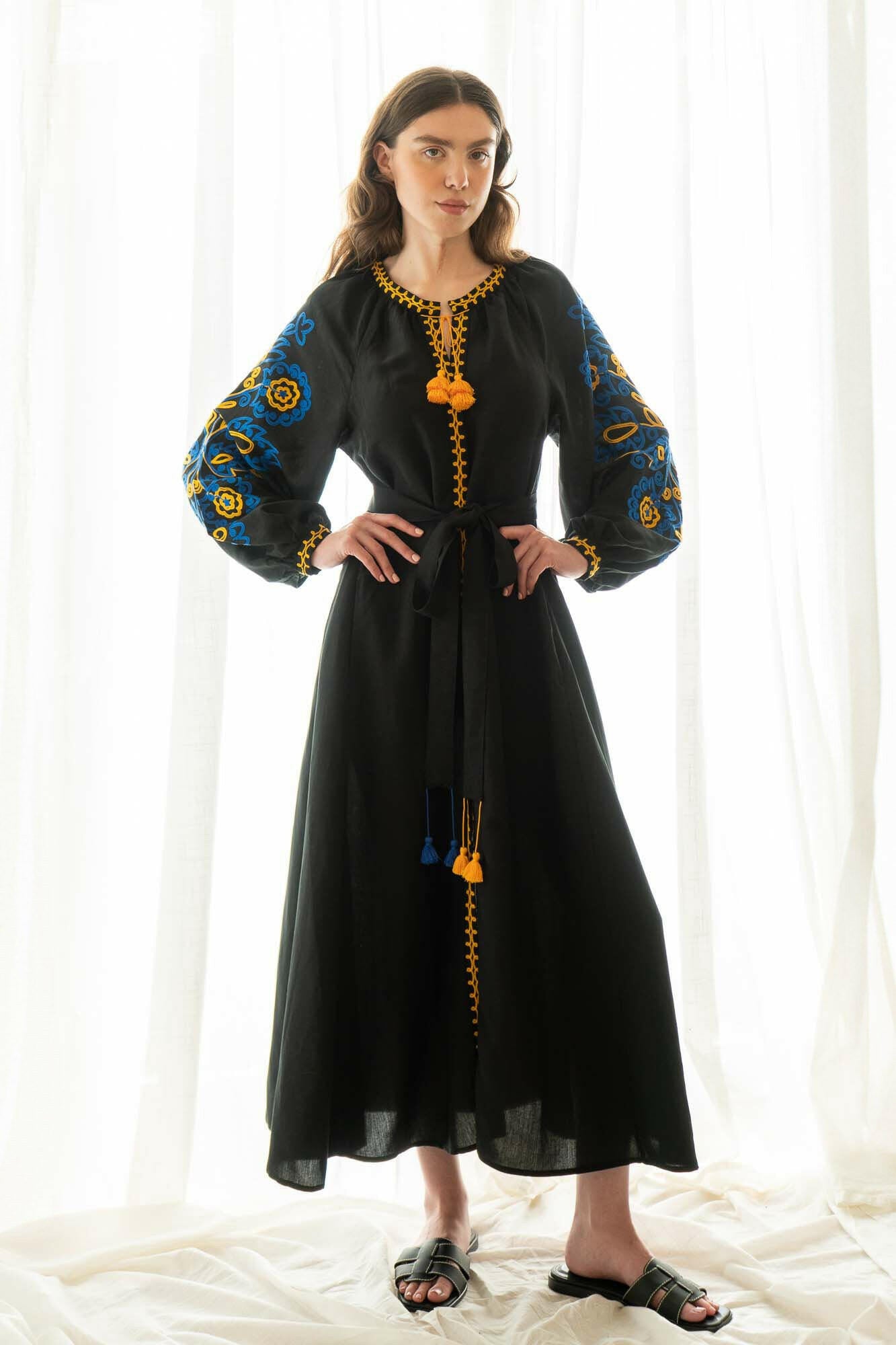 The Janni Dress in Midnight Summer — Embroidered Linen Blend Maxi Dress by Amorrre – Luxury Resortwear, Embroidered Dresses & Kaftans.
