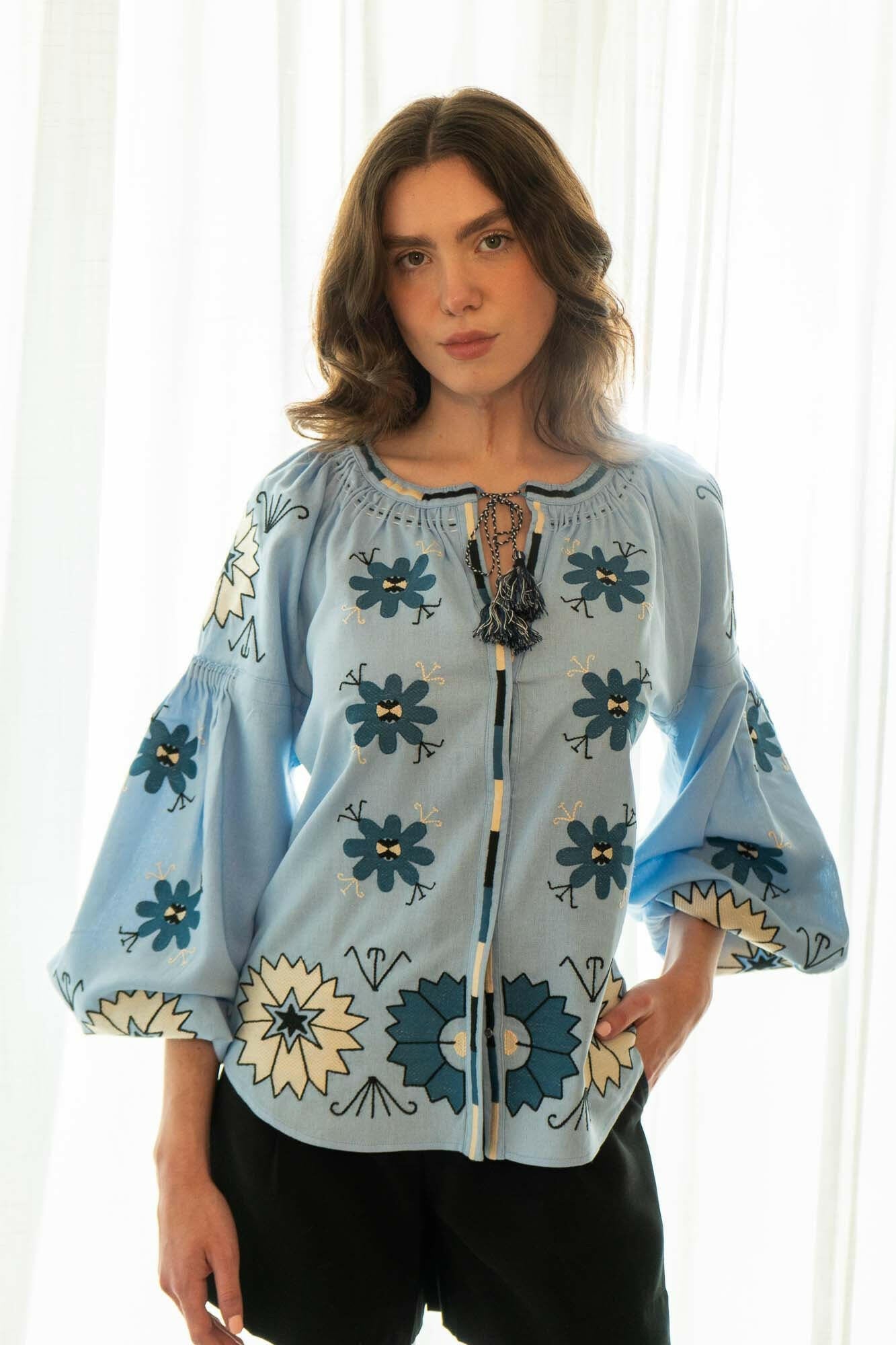 The Ivanna Blouse in Peaceful Sky — Embroidered Linen Blend Top by Amorrre – Luxury Resortwear, Embroidered Dresses & Kaftans.