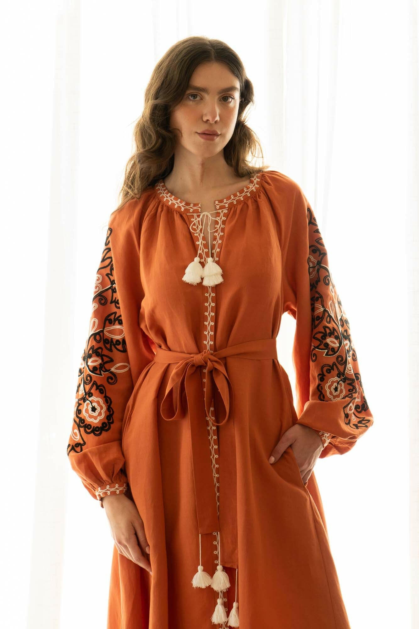 The Janni Dress in Burned Orange — Embroidered Linen Blend  Maxi Dress by Amorrre – Luxury Resortwear, Embroidered Dresses & Kaftans.