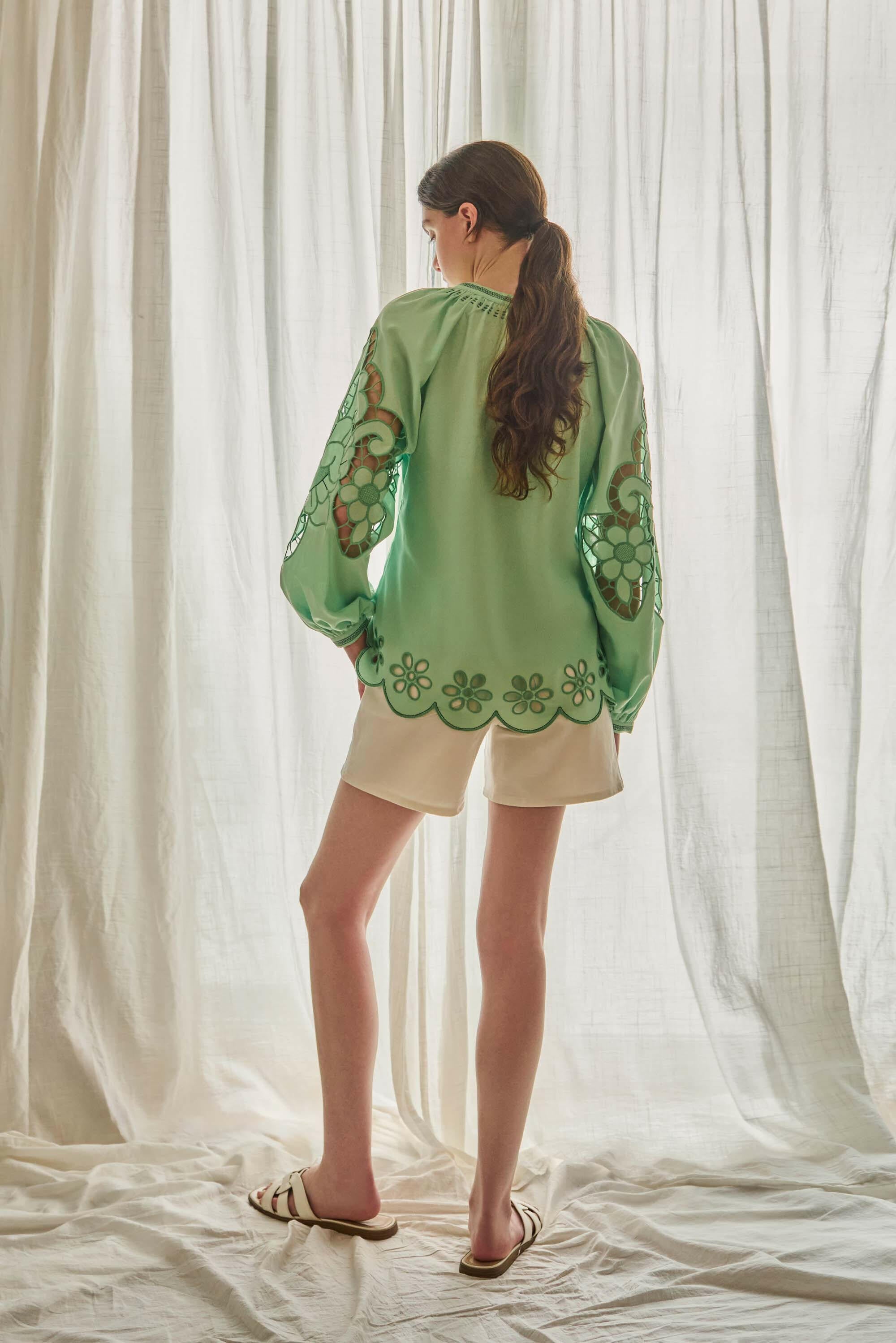 The Yasmin Blouse in Mint Green — Embroidered Cotton-Linen Top by Amorrre – Luxury Resortwear, Embroidered Dresses & Kaftans.