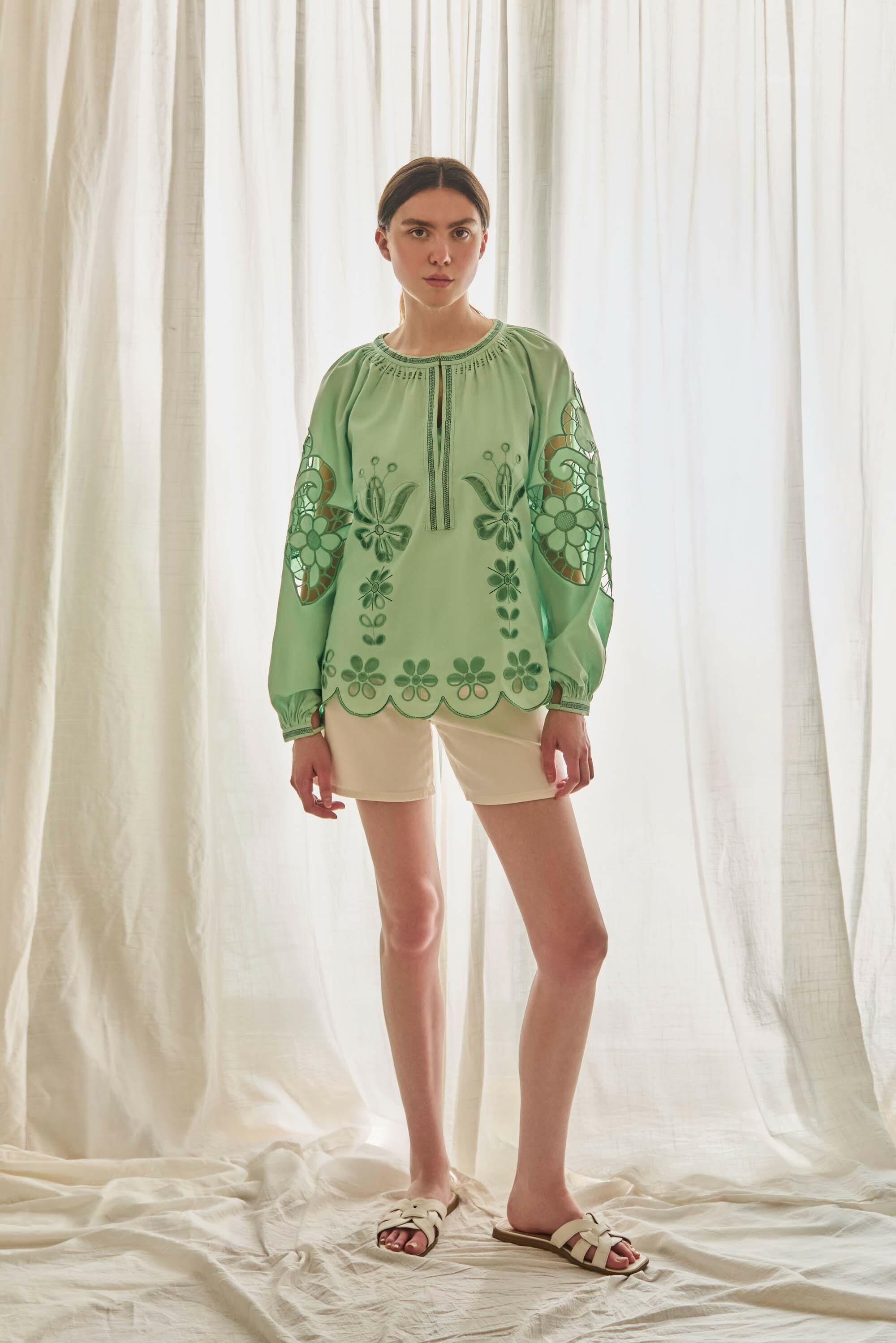 The Yasmin Blouse in Mint Green — Embroidered Cotton-Linen Top by Amorrre – Luxury Resortwear, Embroidered Dresses & Kaftans.