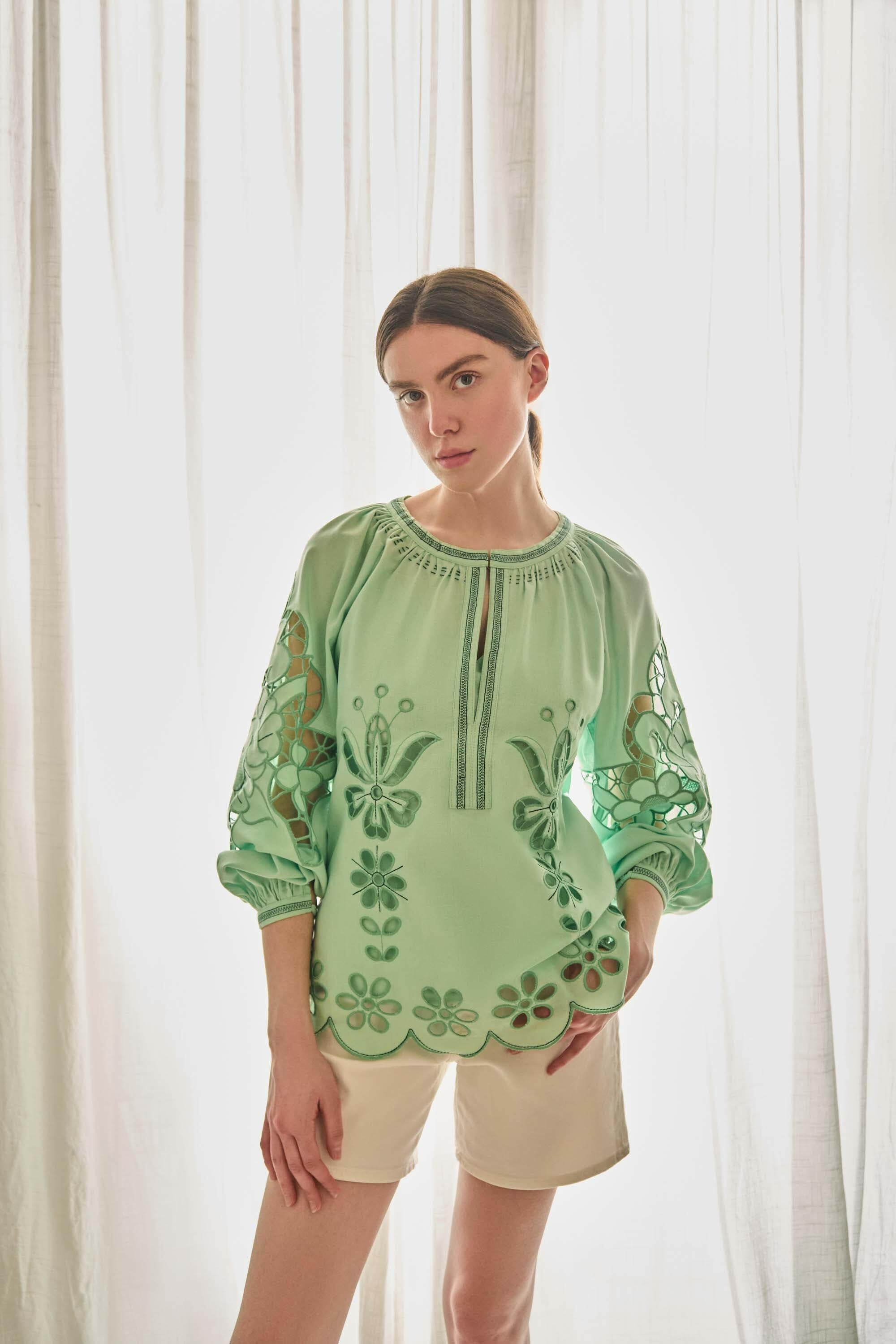 The Yasmin Blouse in Mint Green — Embroidered Cotton-Linen Top by Amorrre – Luxury Resortwear, Embroidered Dresses & Kaftans.