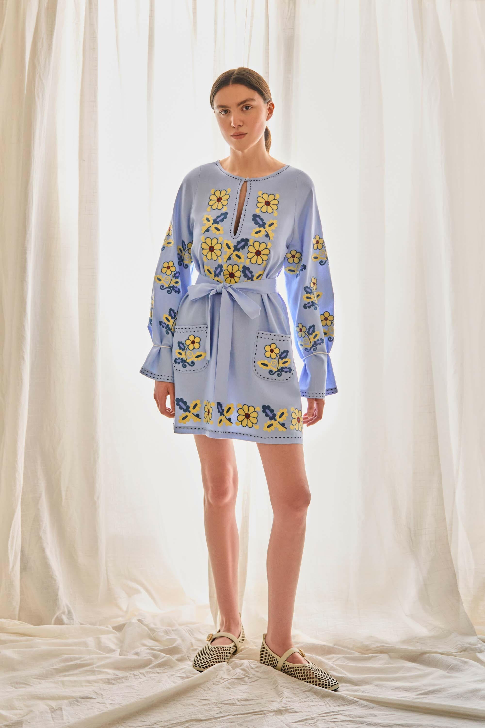 The Lucy Dress in Cornflower Bloom — Embroidered Mini Dress by Amorrre – Luxury Resortwear, Embroidered Dresses & Kaftans.