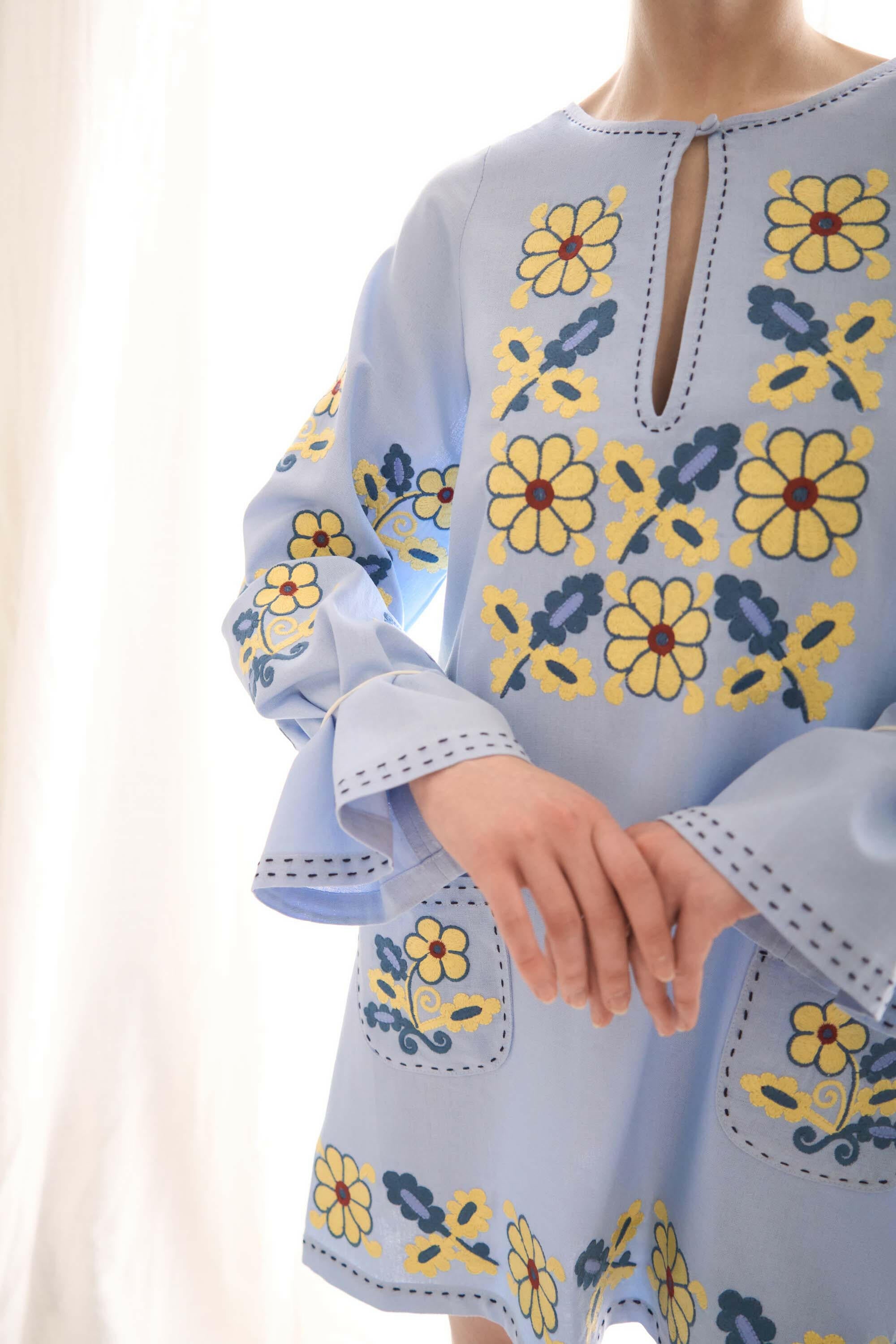 The Lucy Dress in Cornflower Bloom — Embroidered Mini Dress by Amorrre – Luxury Resortwear, Embroidered Dresses & Kaftans.