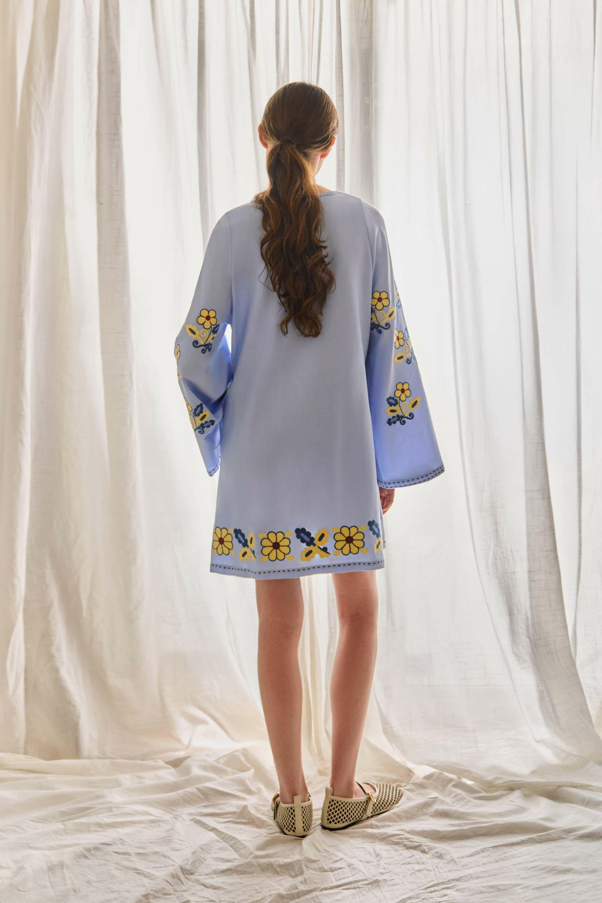 The Lucy Dress in Cornflower Bloom — Embroidered Mini Dress by Amorrre – Luxury Resortwear, Embroidered Dresses & Kaftans.
