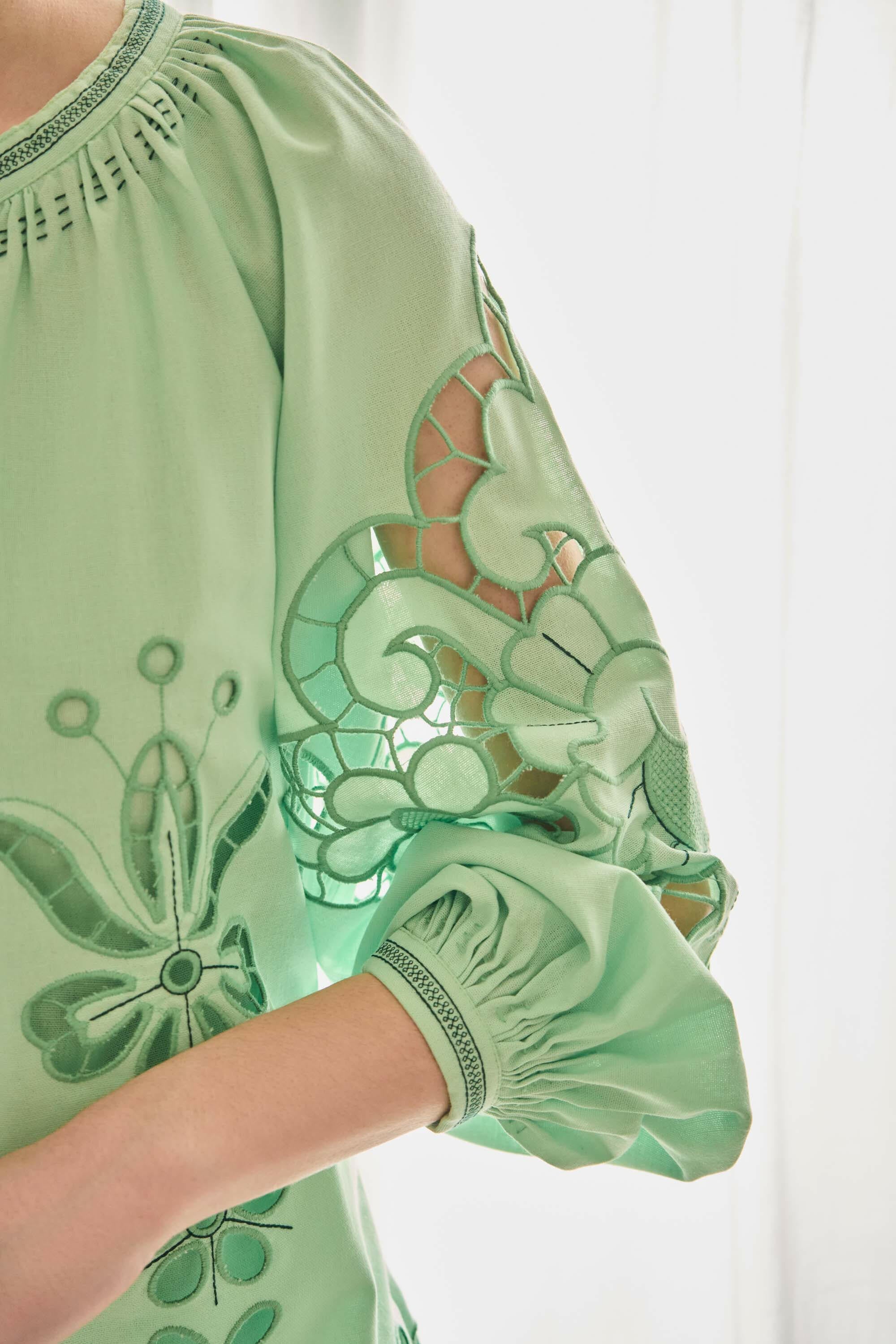 The Yasmin Blouse in Mint Green — Embroidered Cotton-Linen Top by Amorrre – Luxury Resortwear, Embroidered Dresses & Kaftans.