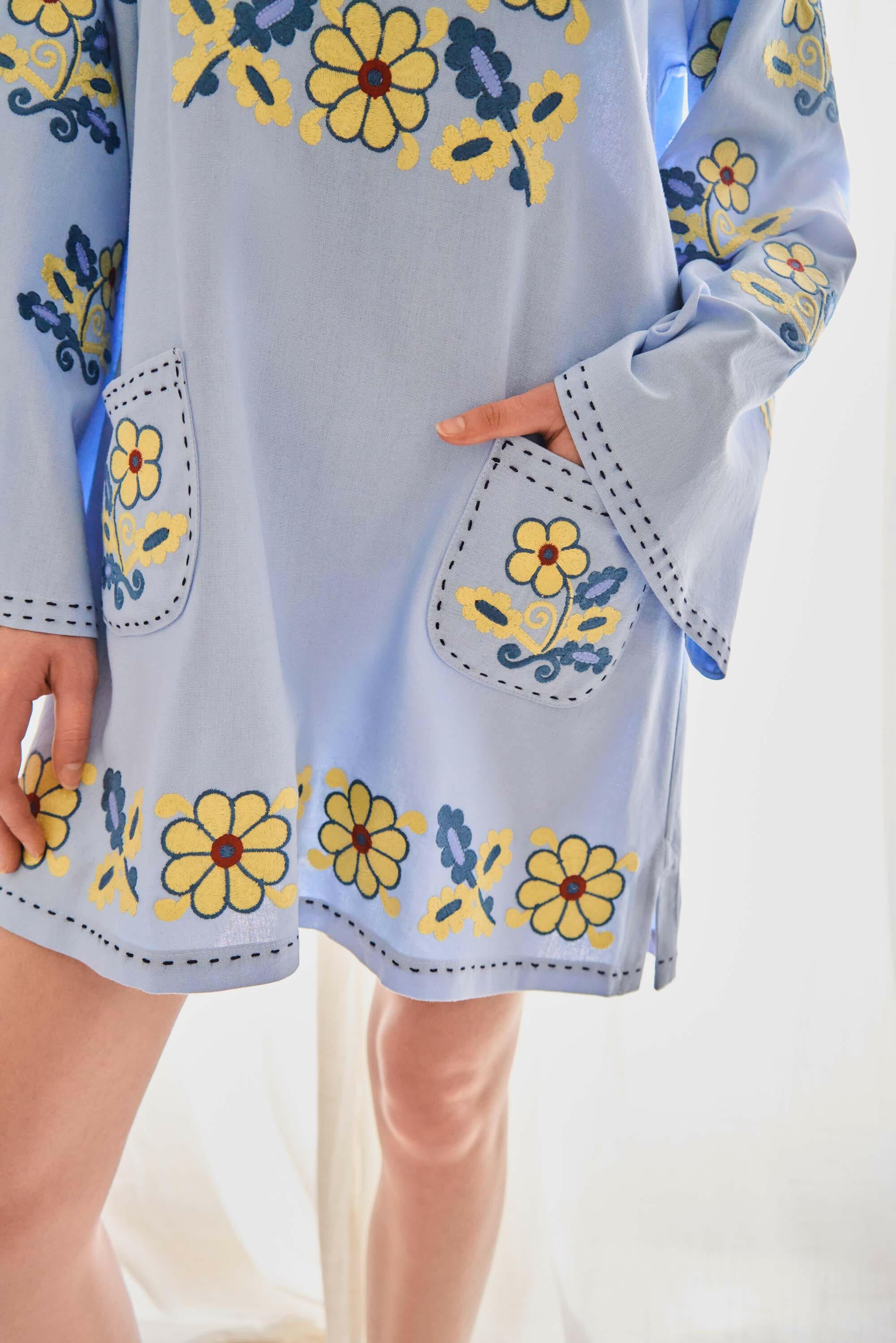 The Lucy Dress in Cornflower Bloom — Embroidered Mini Dress by Amorrre – Luxury Resortwear, Embroidered Dresses & Kaftans.