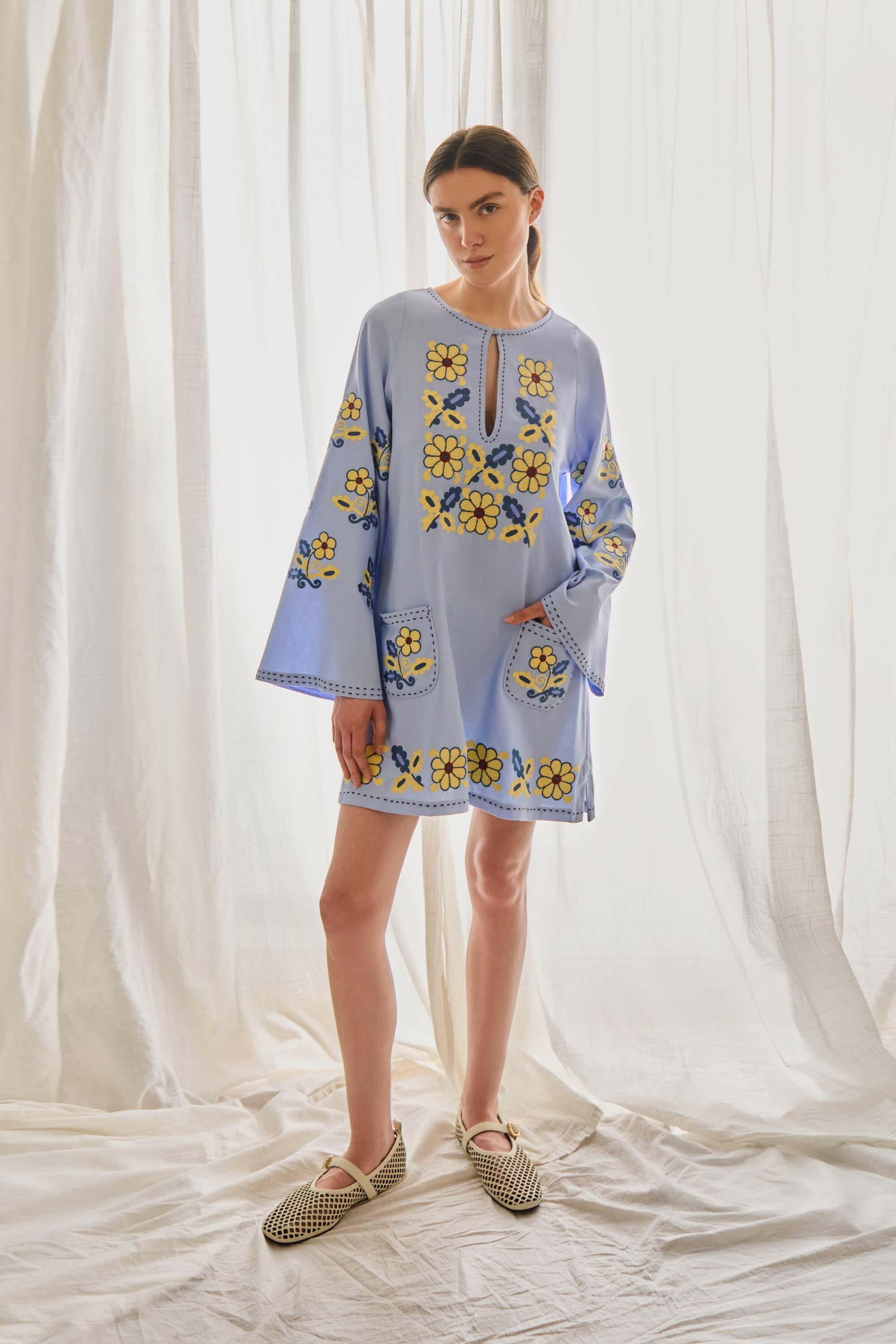 The Lucy Dress in Cornflower Bloom — Embroidered Mini Dress by Amorrre – Luxury Resortwear, Embroidered Dresses & Kaftans.