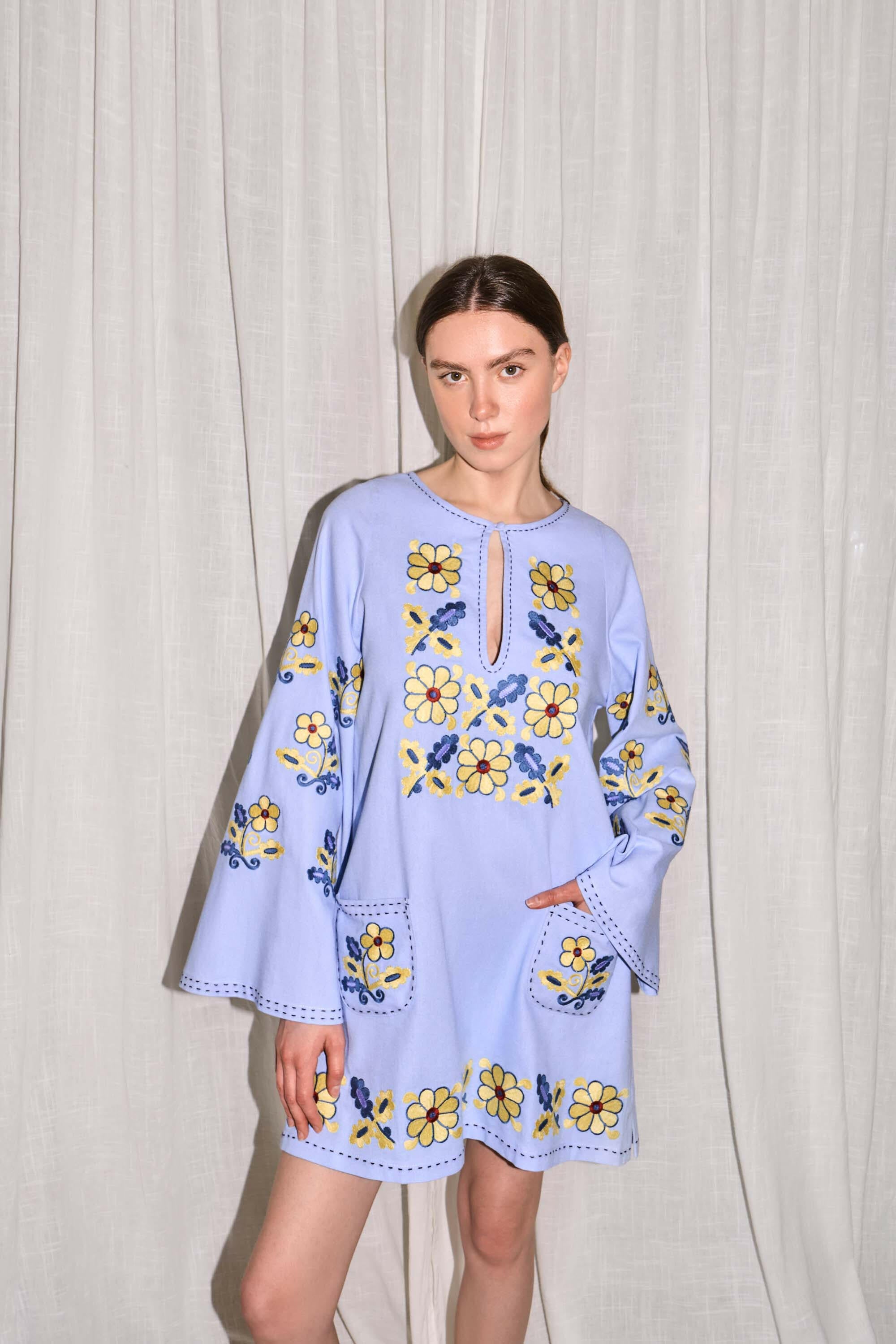 The Lucy Dress in Cornflower Bloom — Embroidered Mini Dress by Amorrre – Luxury Resortwear, Embroidered Dresses & Kaftans.