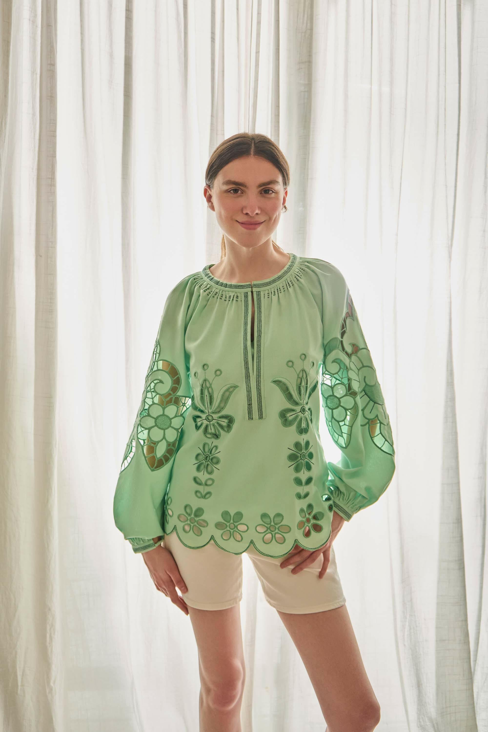 The Yasmin Blouse in Mint Green — Embroidered Cotton-Linen Top by Amorrre – Luxury Resortwear, Embroidered Dresses & Kaftans.