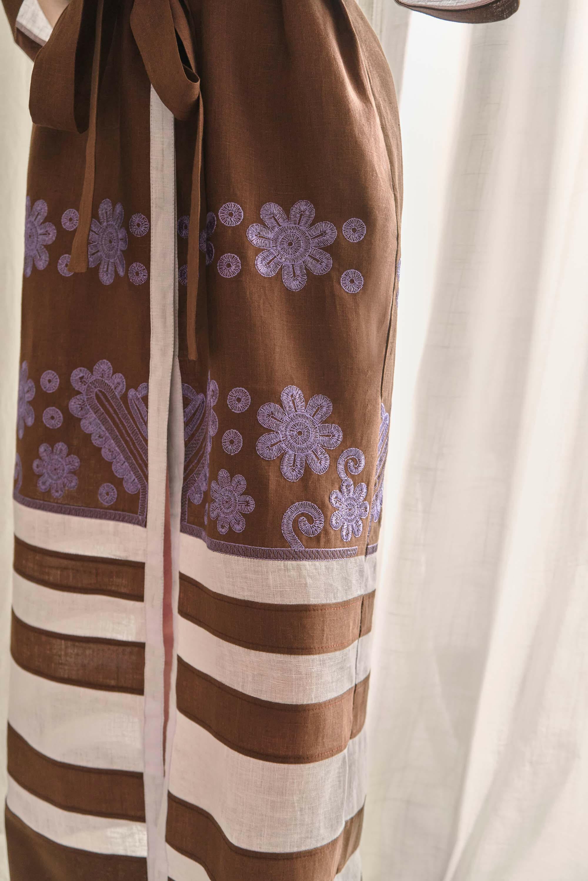 The Alma Dress in Cocoa & Lilac — Embroidered Linen Dress by Amorrre – Luxury Resortwear, Embroidered Dresses & Kaftans.
