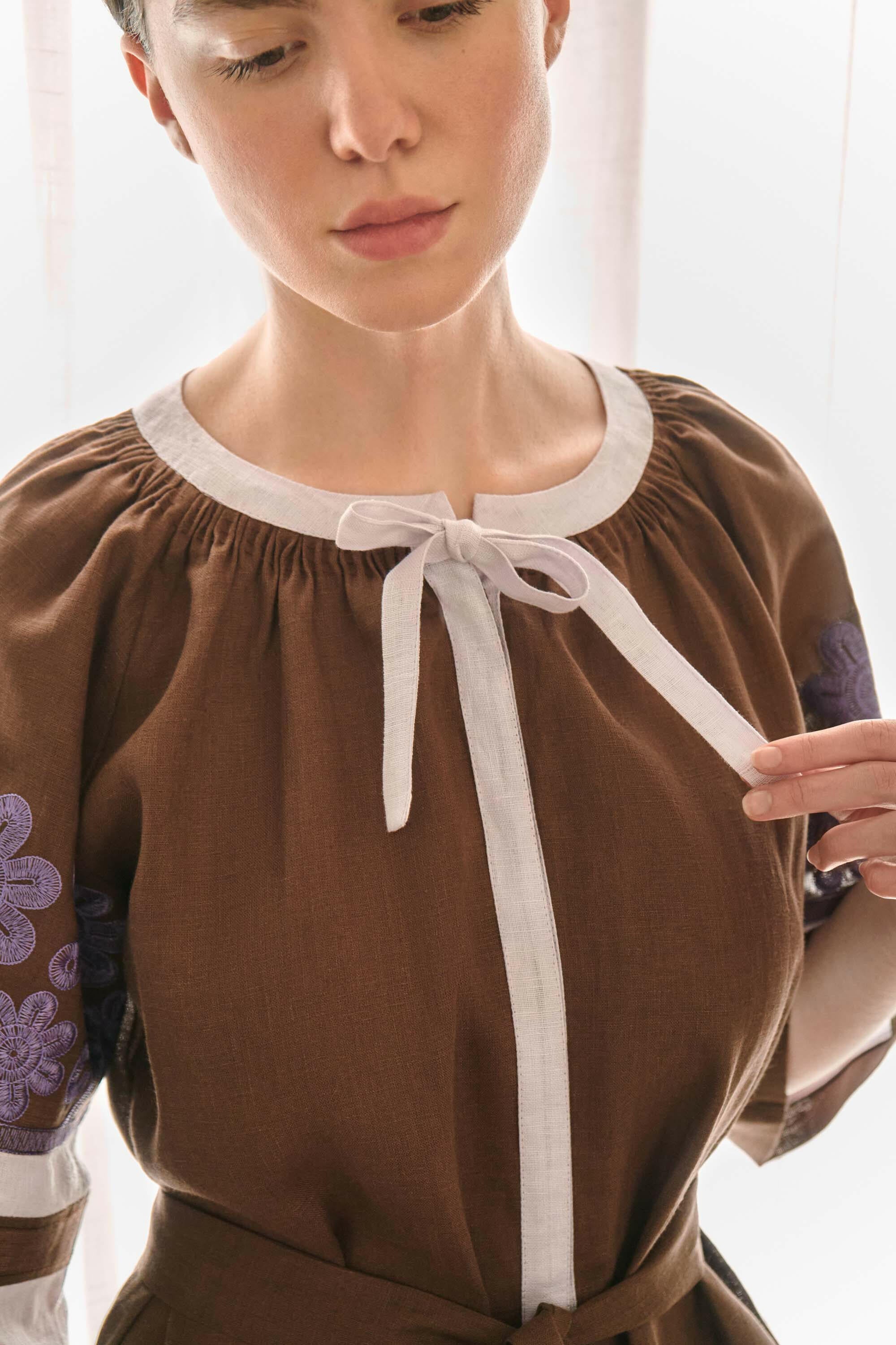 The Alma Dress in Cocoa & Lilac — Embroidered Linen Dress by Amorrre – Luxury Resortwear, Embroidered Dresses & Kaftans.