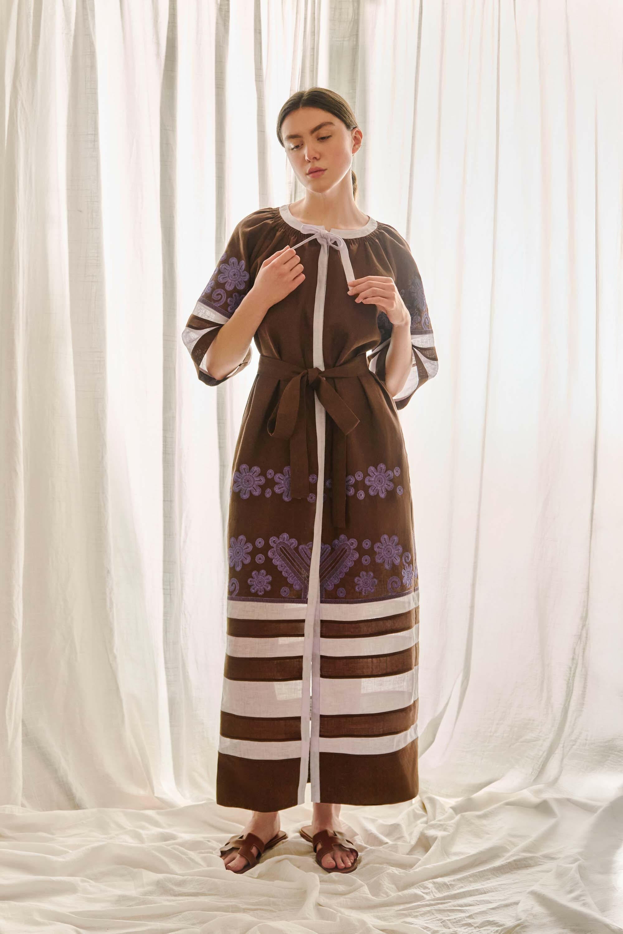 The Alma Dress in Cocoa & Lilac — Embroidered Linen Dress by Amorrre – Luxury Resortwear, Embroidered Dresses & Kaftans.