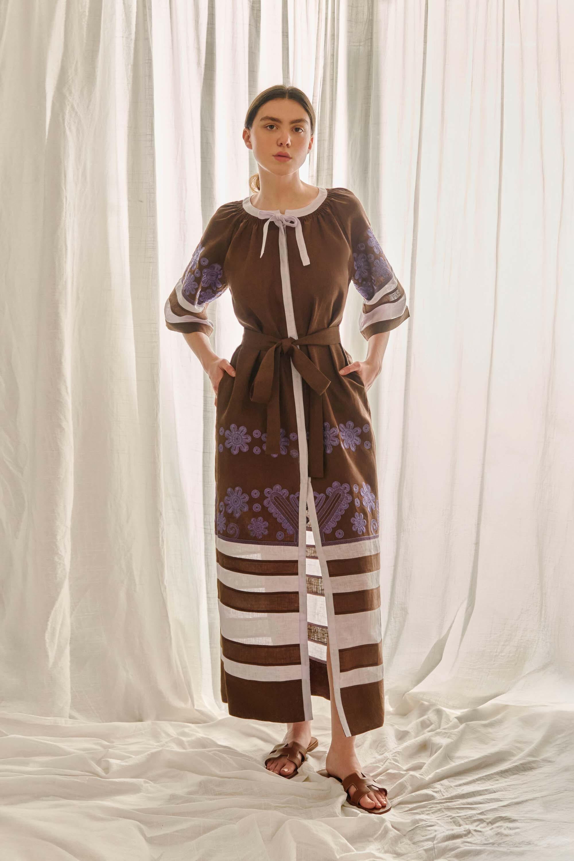 The Alma Dress in Cocoa & Lilac — Embroidered Linen Dress by Amorrre – Luxury Resortwear, Embroidered Dresses & Kaftans.