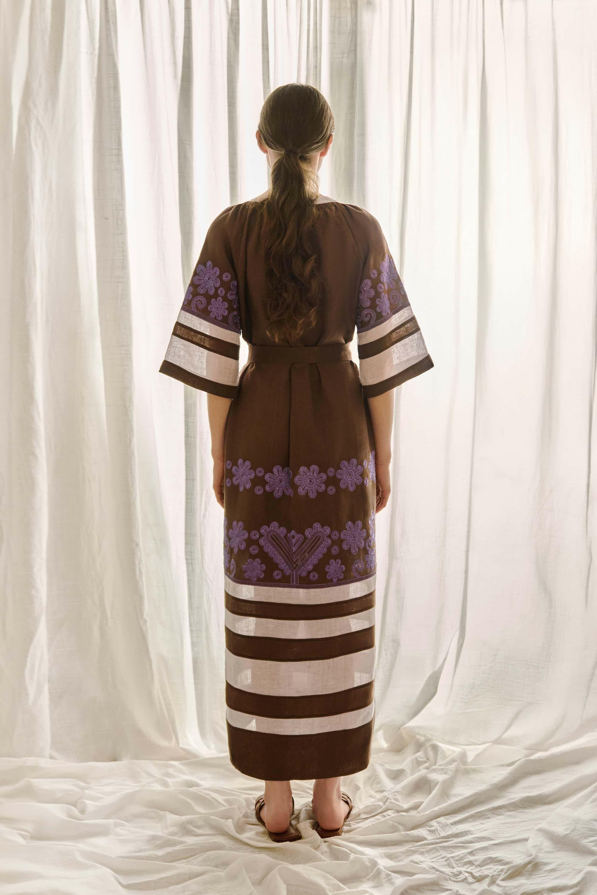 The Alma Dress in Cocoa & Lilac — Embroidered Linen Dress by Amorrre – Luxury Resortwear, Embroidered Dresses & Kaftans.