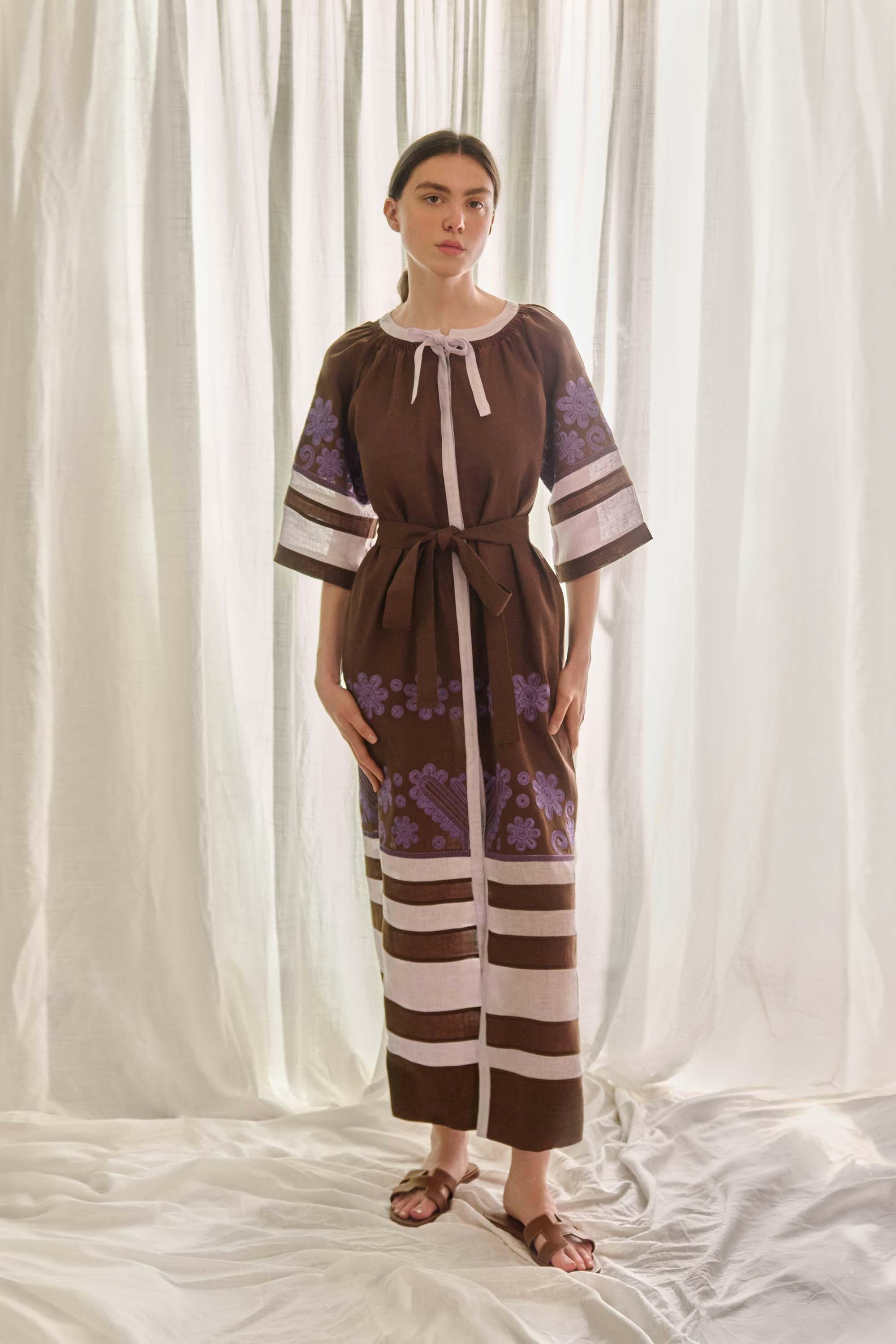 The Alma Dress in Cocoa & Lilac — Embroidered Linen Dress by Amorrre – Luxury Resortwear, Embroidered Dresses & Kaftans.