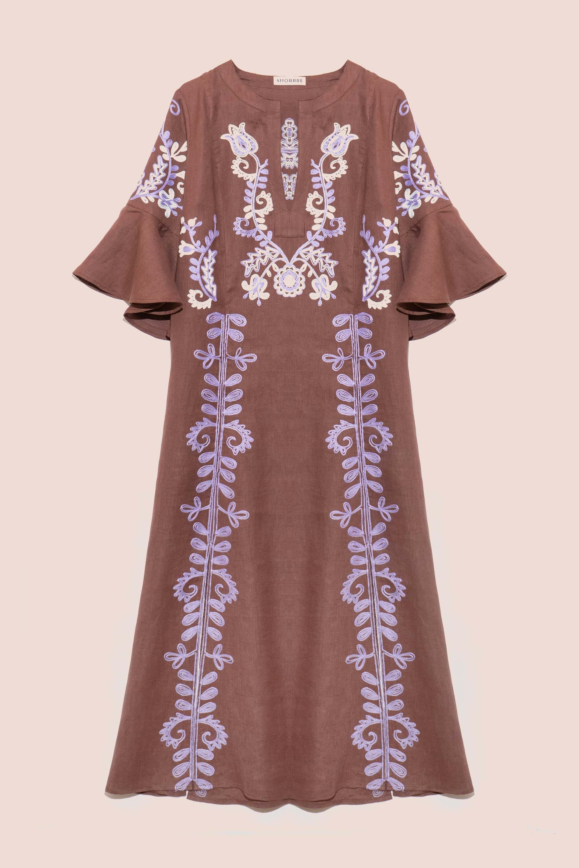 Mariposa Long Kaftan in Milk Chocolate by Amorrre – Luxury Resortwear, Embroidered Dresses & Kaftans.