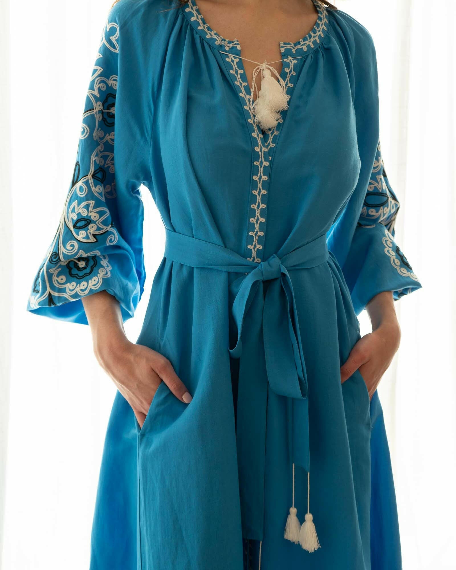 The Janni Dress in Azure Blue — Embroidered Linen Blend Maxi Dress by Amorrre – Luxury Resortwear, Embroidered Dresses & Kaftans.