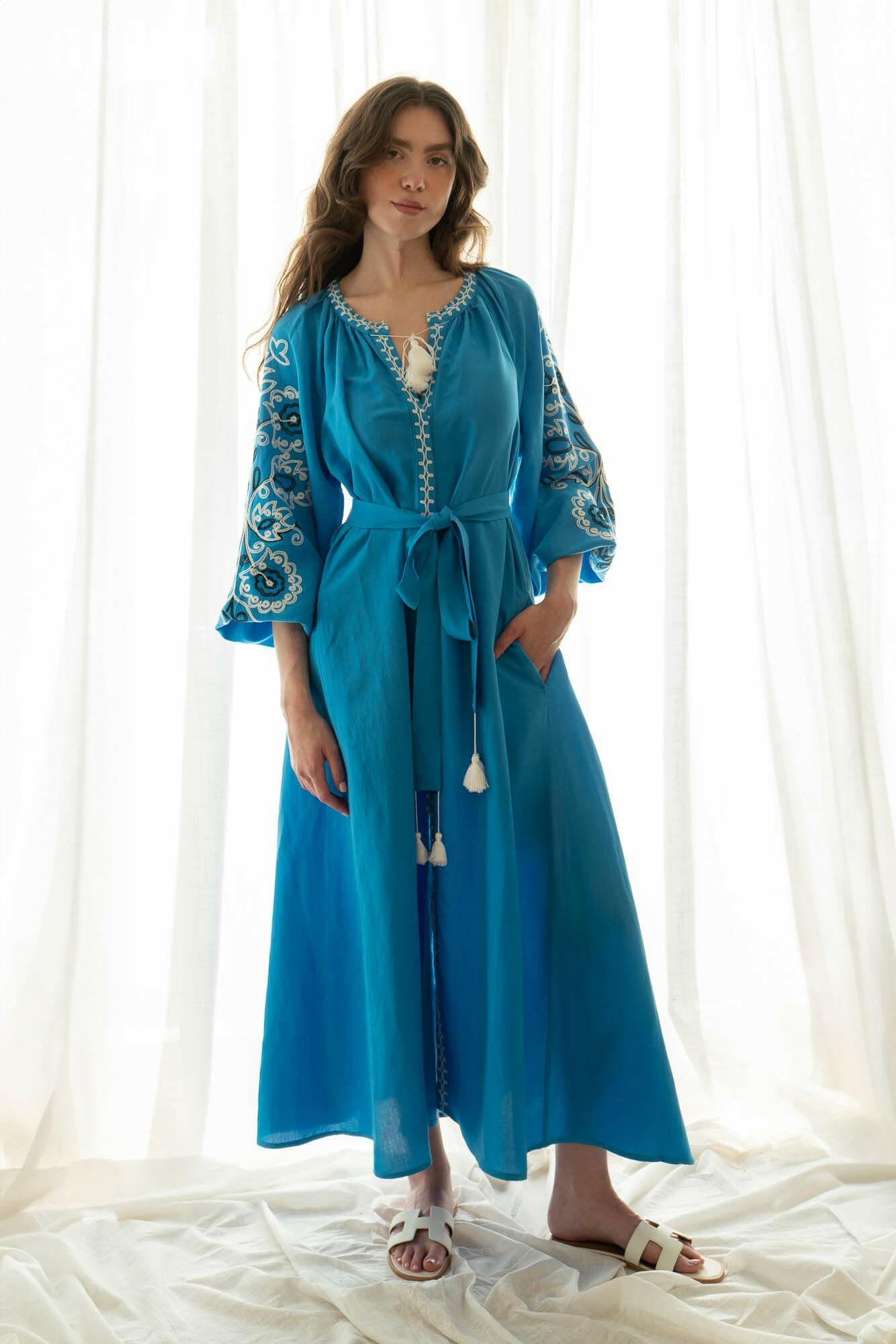 The Janni Dress in Azure Blue — Embroidered Linen Blend Maxi Dress by Amorrre – Luxury Resortwear, Embroidered Dresses & Kaftans.
