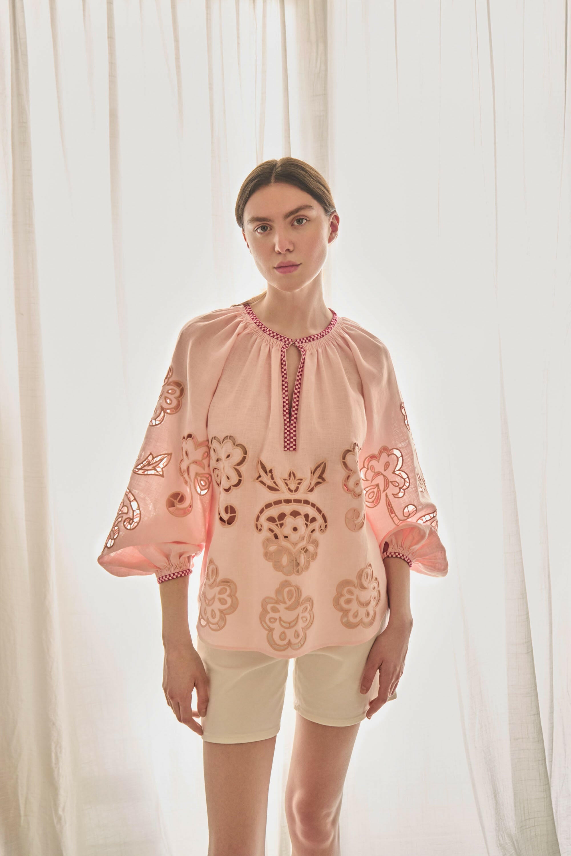 The Camille Blouse in Blush — Embroidered Pure Linen Top by Amorrre – Luxury Resortwear, Embroidered Dresses & Kaftans.