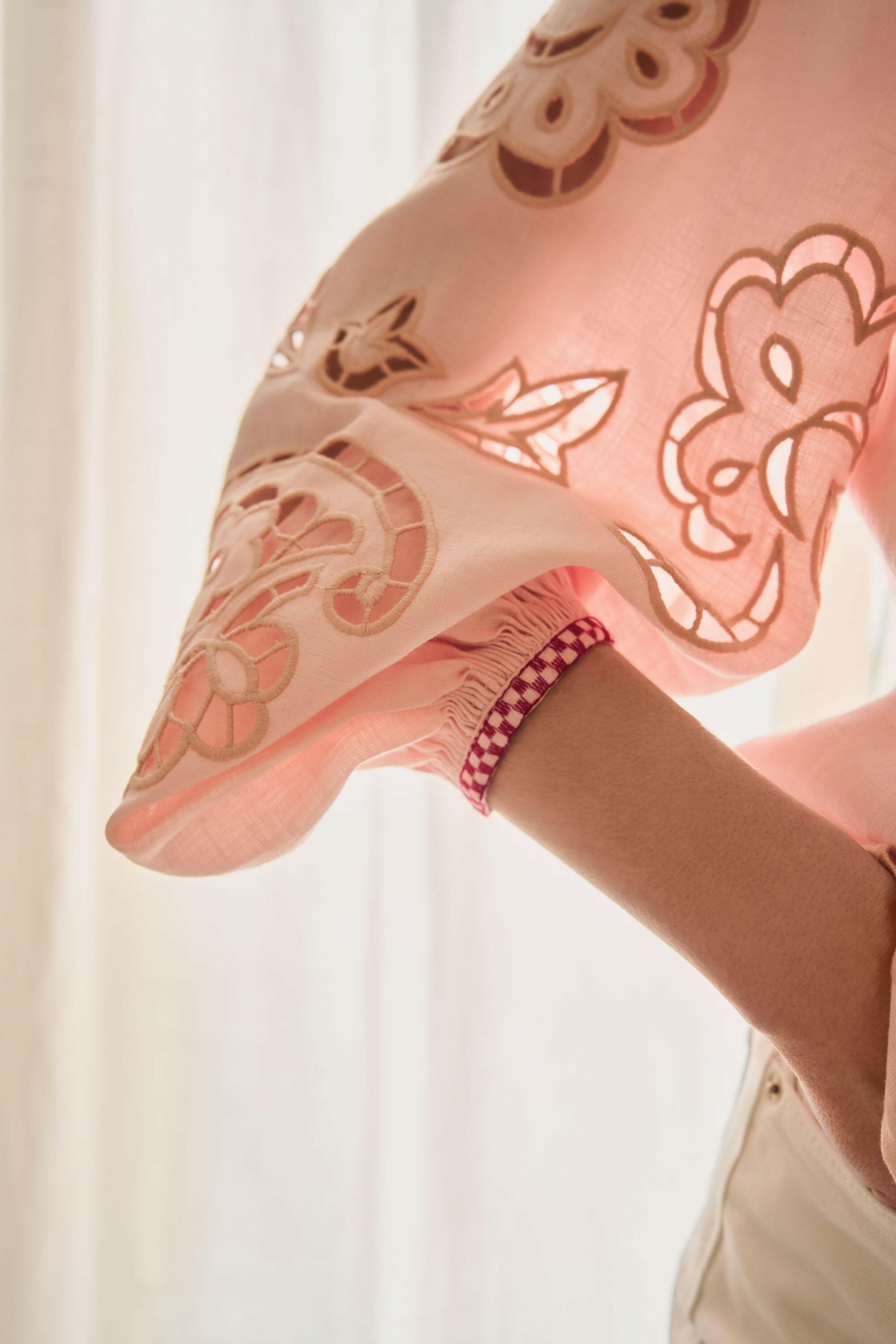 The Camille Blouse in Blush — Embroidered Pure Linen Top by Amorrre – Luxury Resortwear, Embroidered Dresses & Kaftans.
