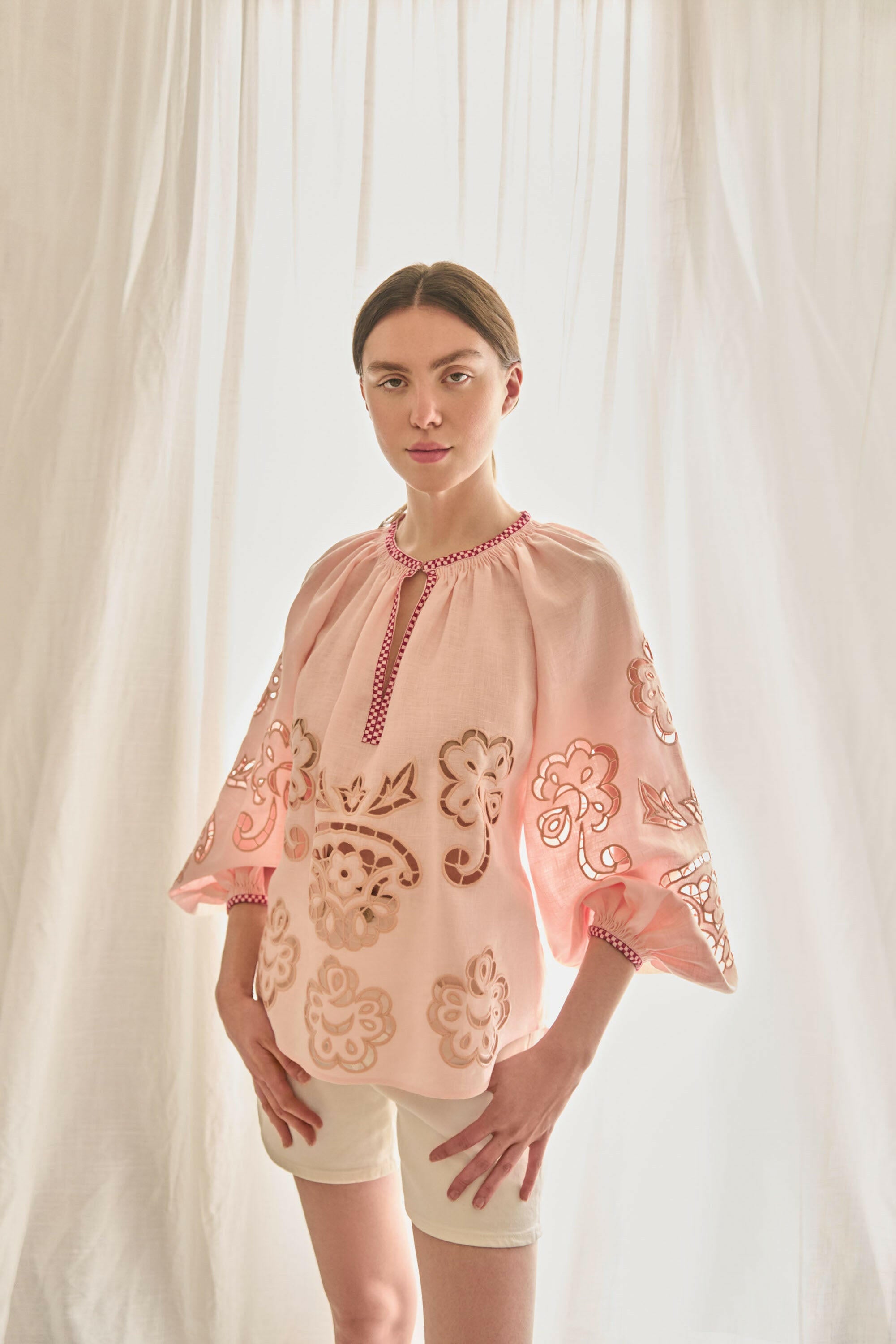 The Camille Blouse in Blush — Embroidered Pure Linen Top by Amorrre – Luxury Resortwear, Embroidered Dresses & Kaftans.