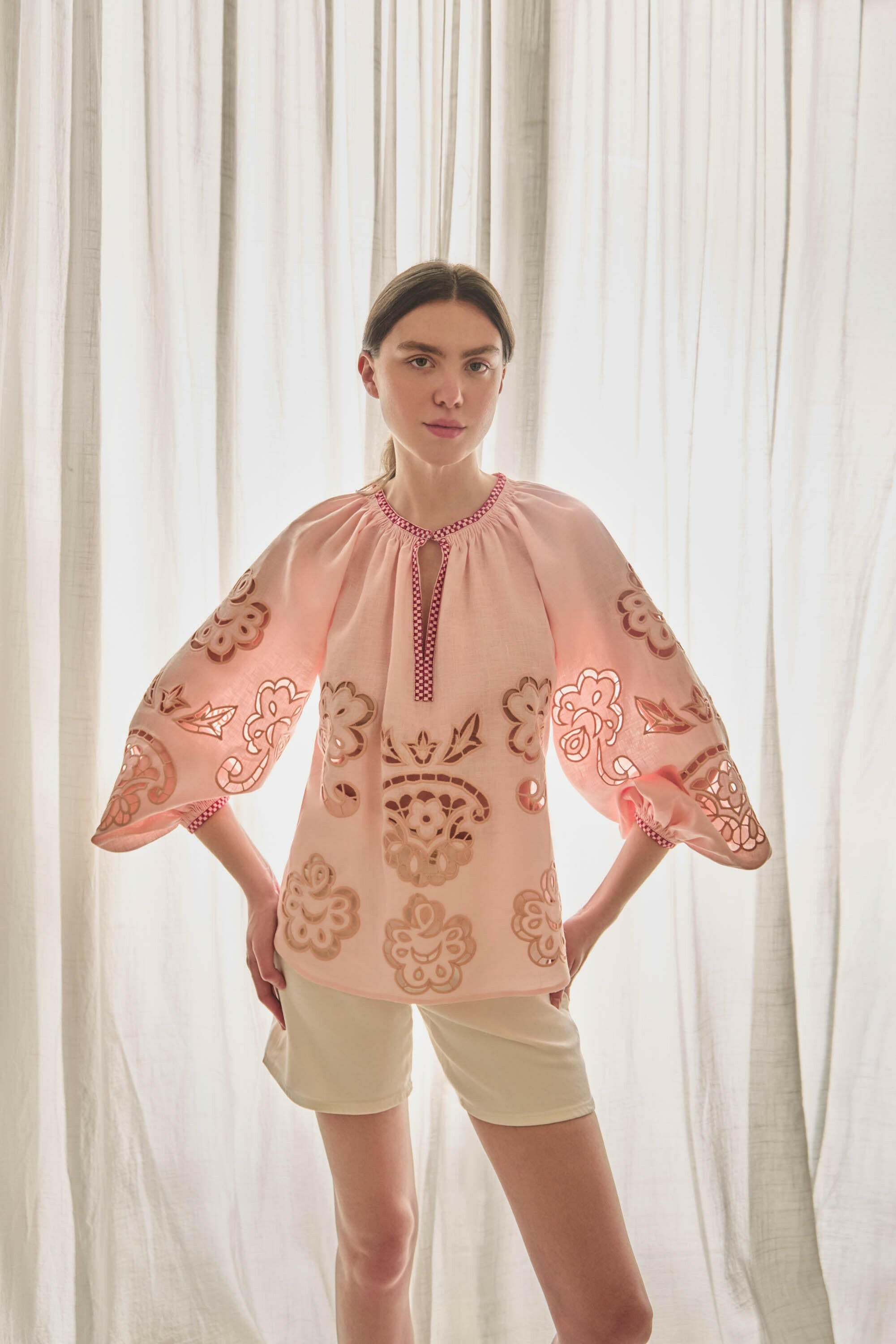 The Camille Blouse in Blush — Embroidered Pure Linen Top by Amorrre – Luxury Resortwear, Embroidered Dresses & Kaftans.
