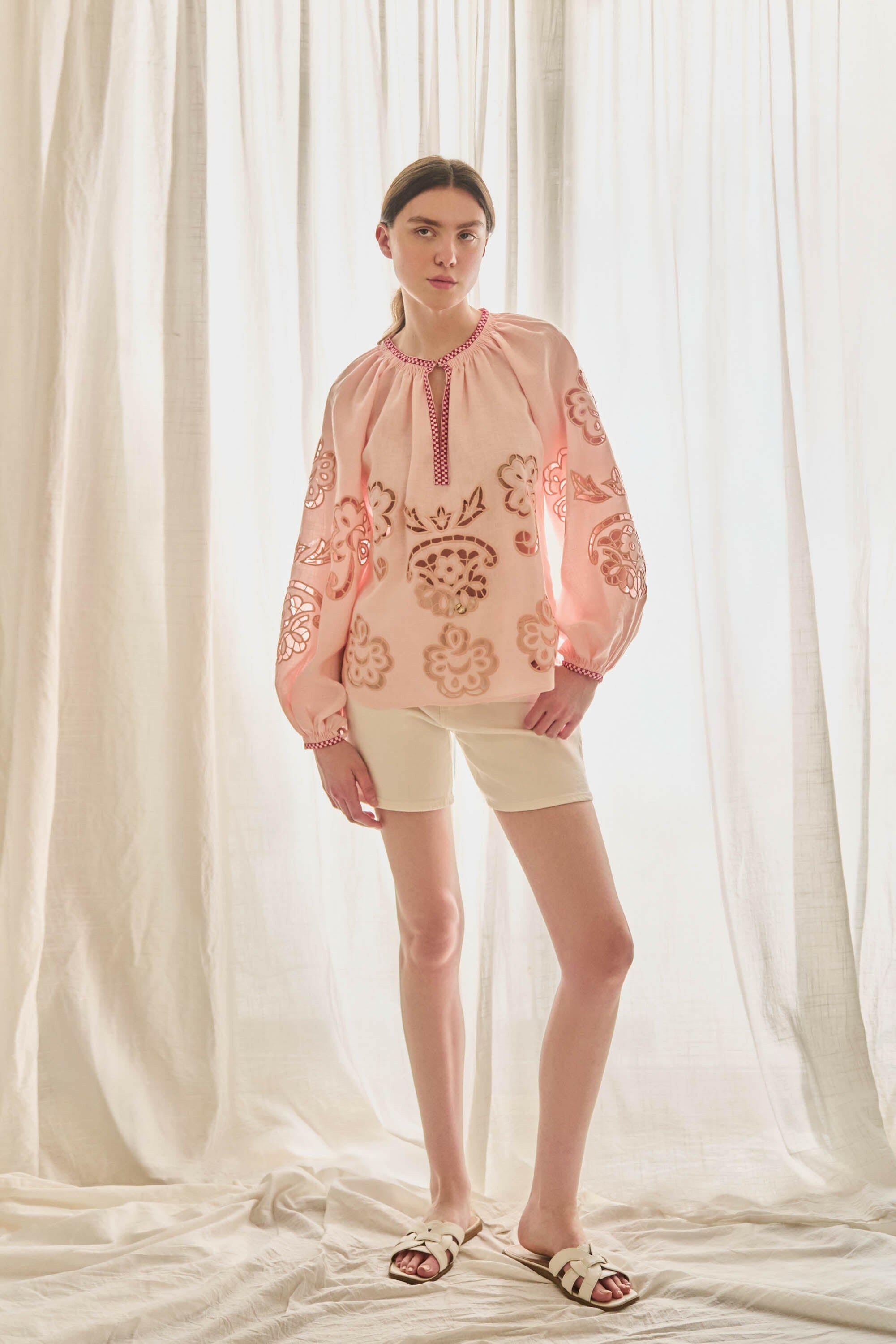 The Camille Blouse in Blush — Embroidered Pure Linen Top by Amorrre – Luxury Resortwear, Embroidered Dresses & Kaftans.