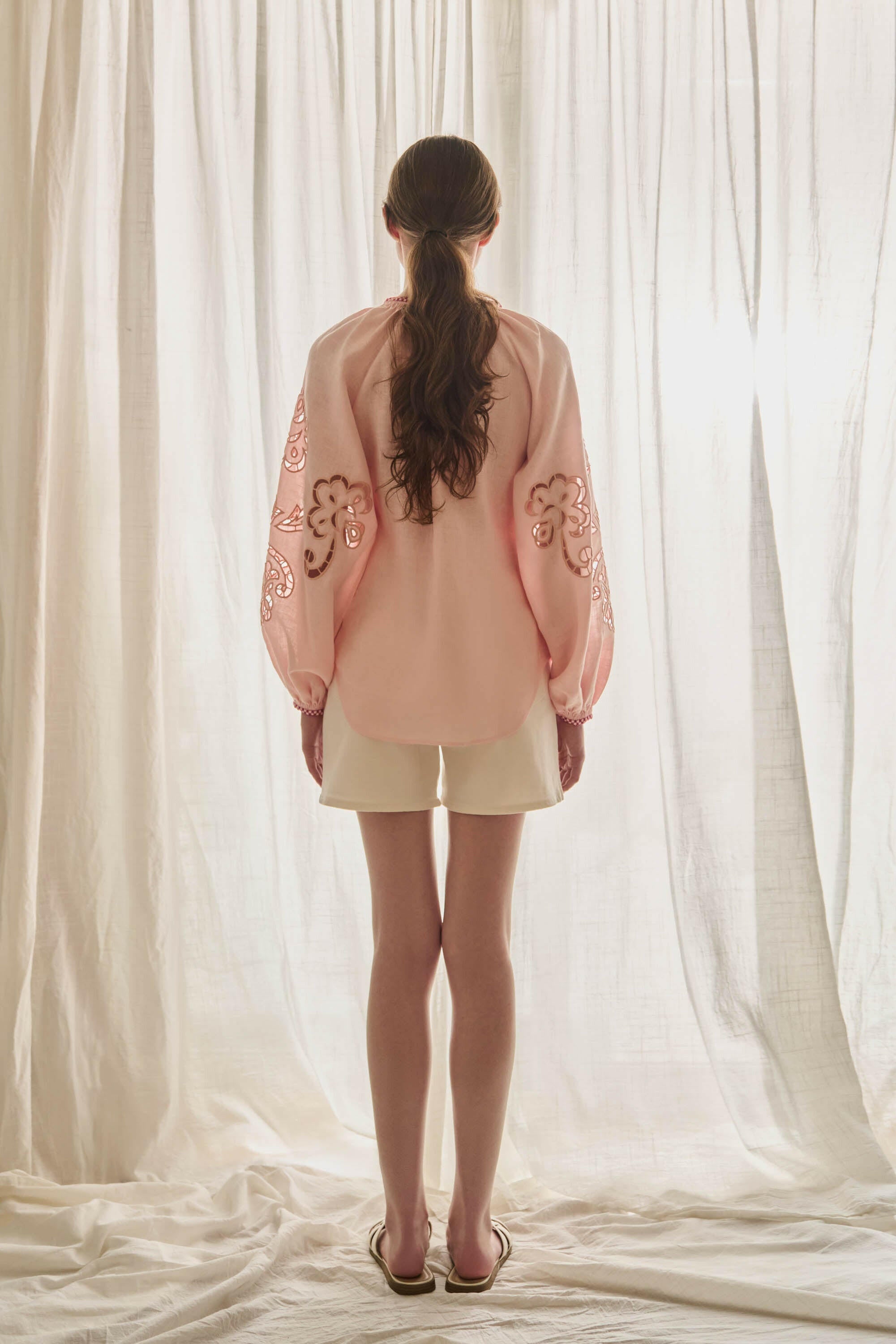 The Camille Blouse in Blush — Embroidered Pure Linen Top by Amorrre – Luxury Resortwear, Embroidered Dresses & Kaftans.