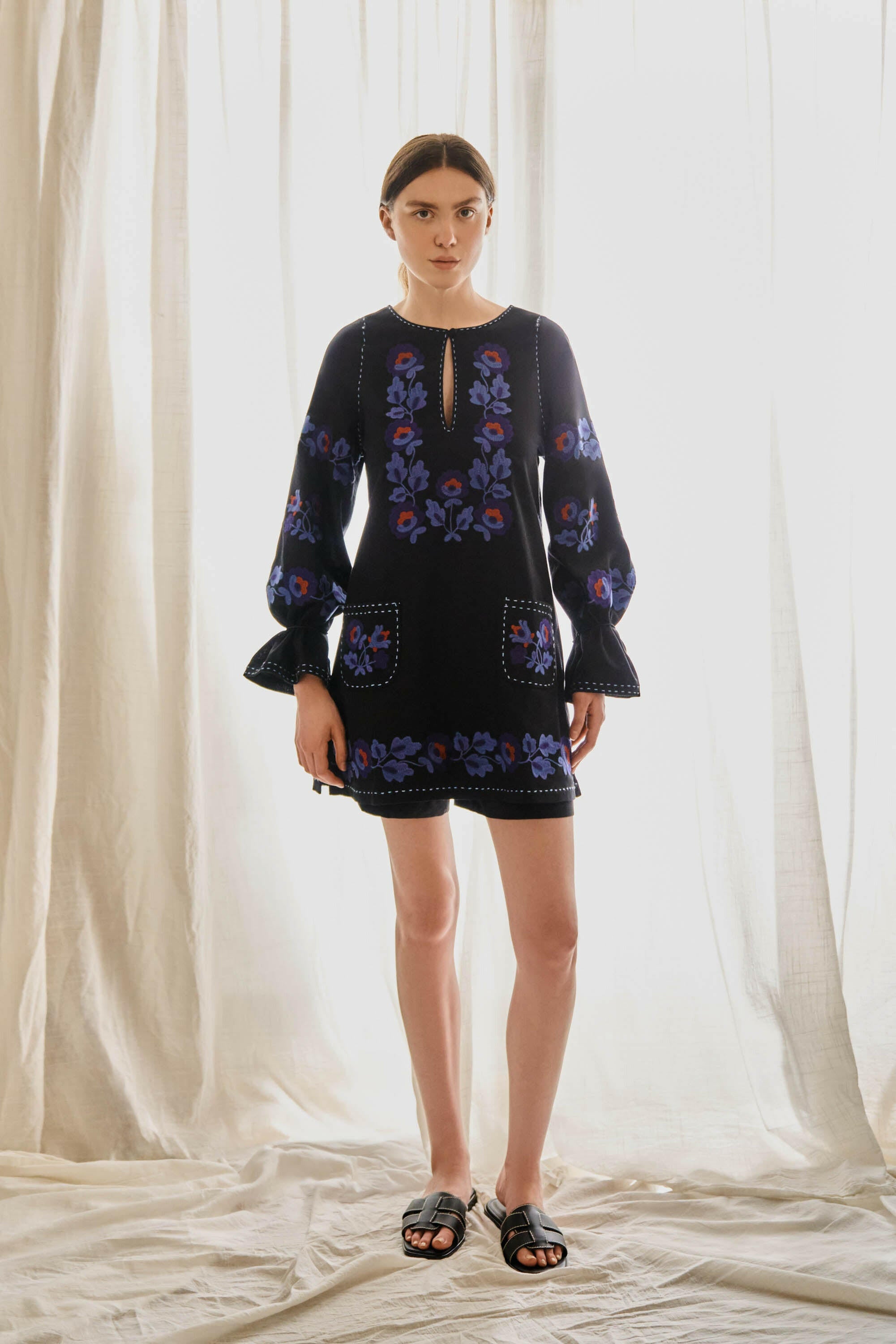 The Lucy Dress in Midnight Bloom — Embroidered Tunic-Length Blouse by Amorrre – Luxury Resortwear, Embroidered Dresses & Kaftans.