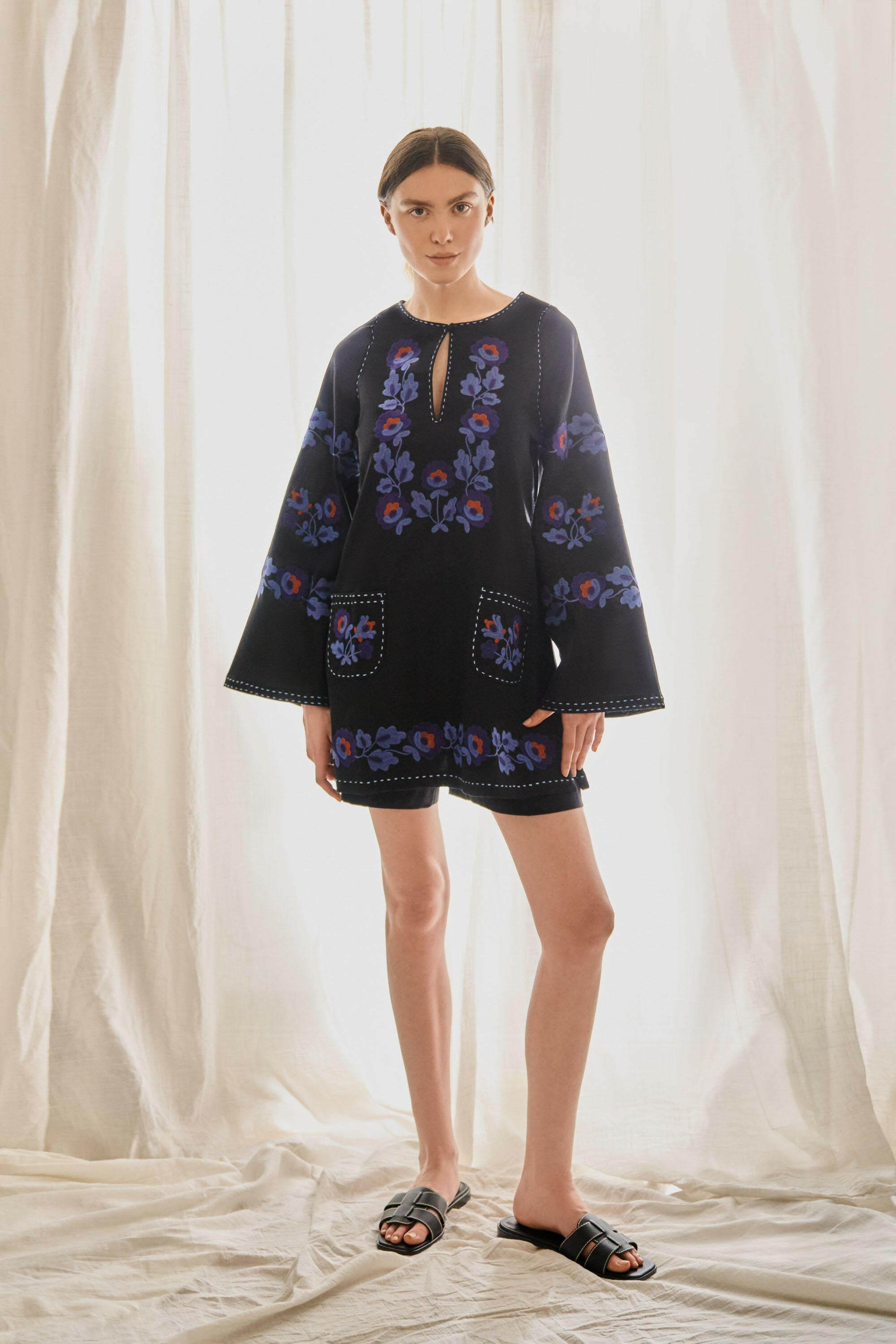 The Lucy Dress in Midnight Bloom — Embroidered Tunic-Length Blouse by Amorrre – Luxury Resortwear, Embroidered Dresses & Kaftans.
