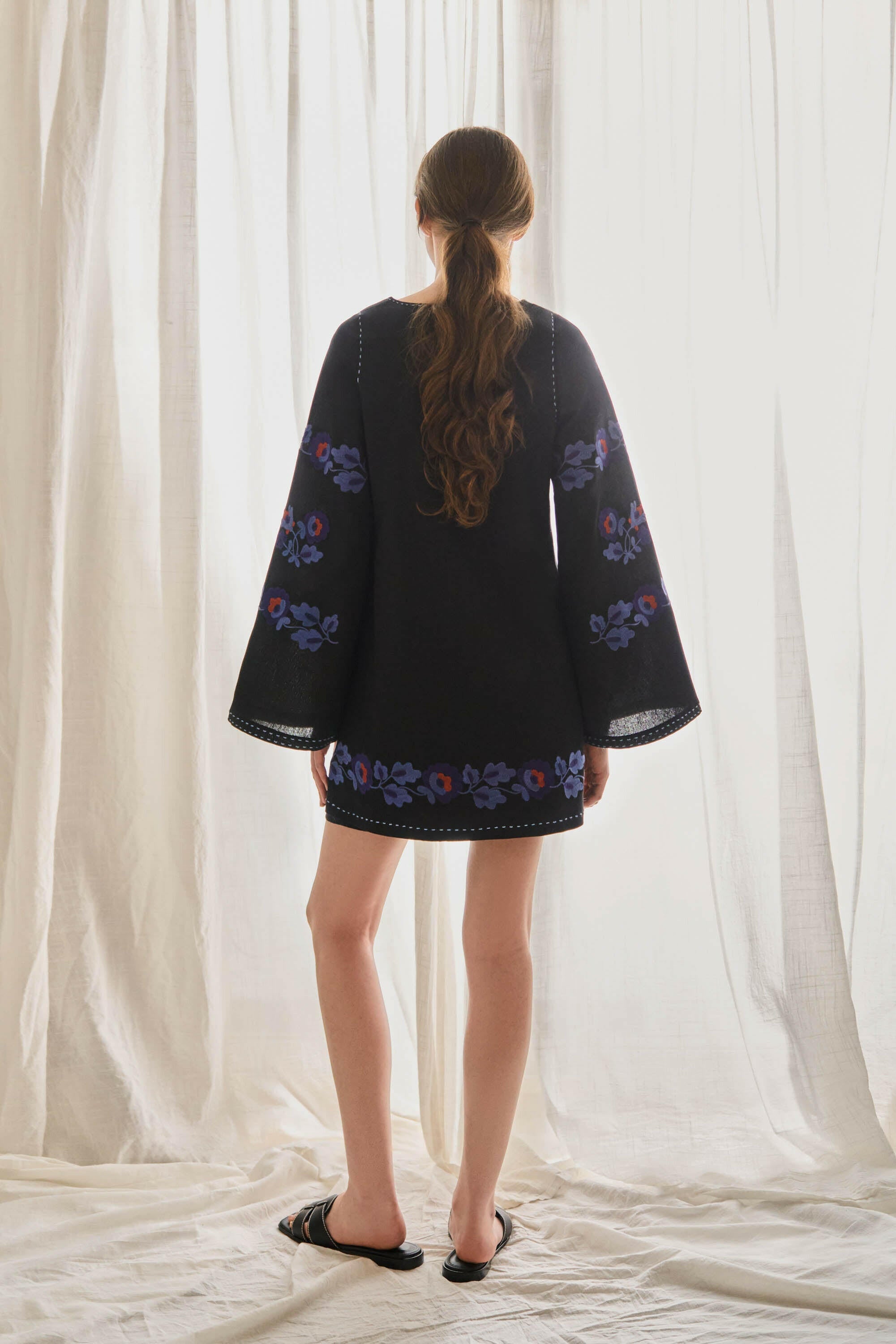 The Lucy Dress in Midnight Bloom — Embroidered Tunic-Length Blouse by Amorrre – Luxury Resortwear, Embroidered Dresses & Kaftans.