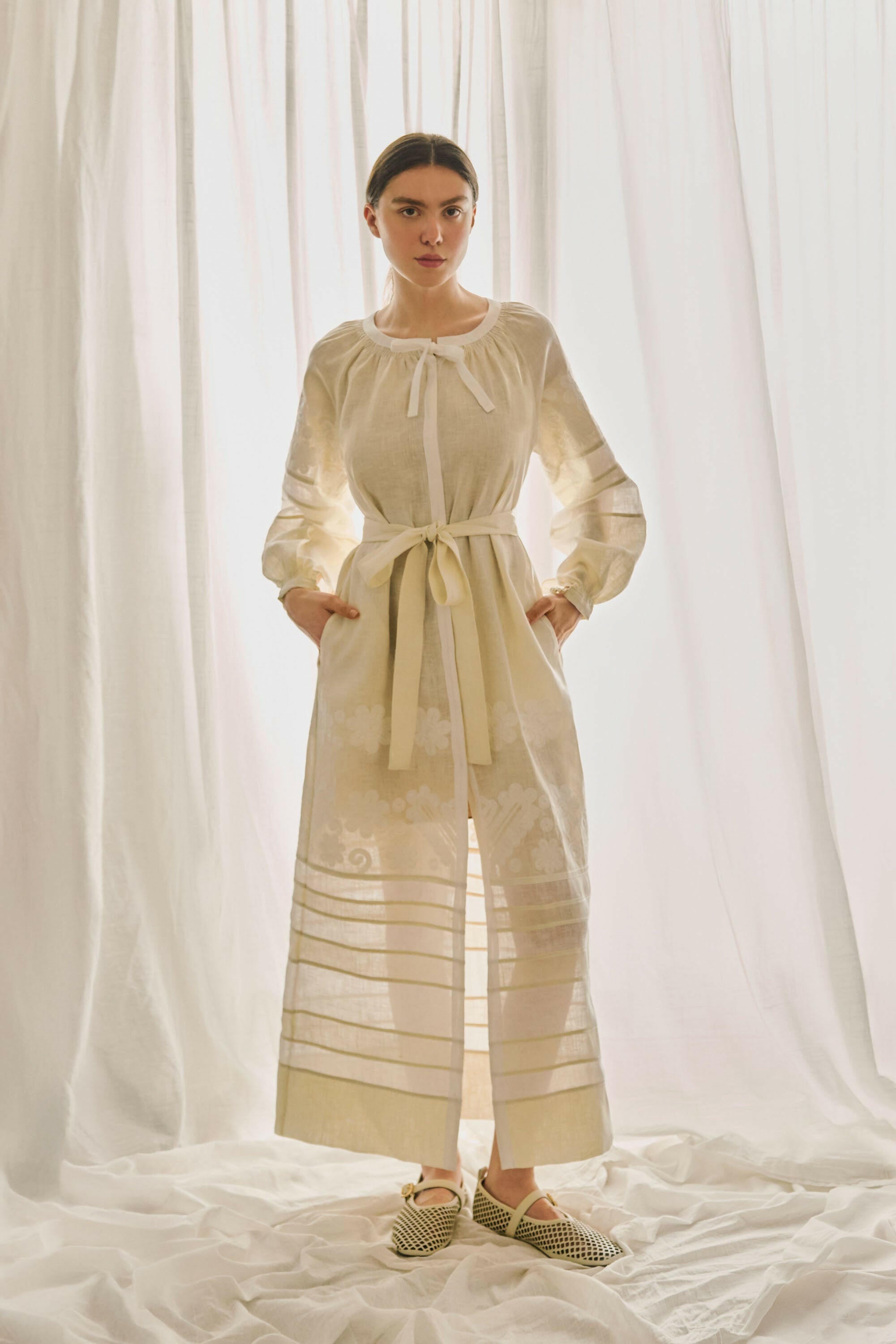 The Alma Dress in Buttercream — Embroidered Linen Dress AMORRRE