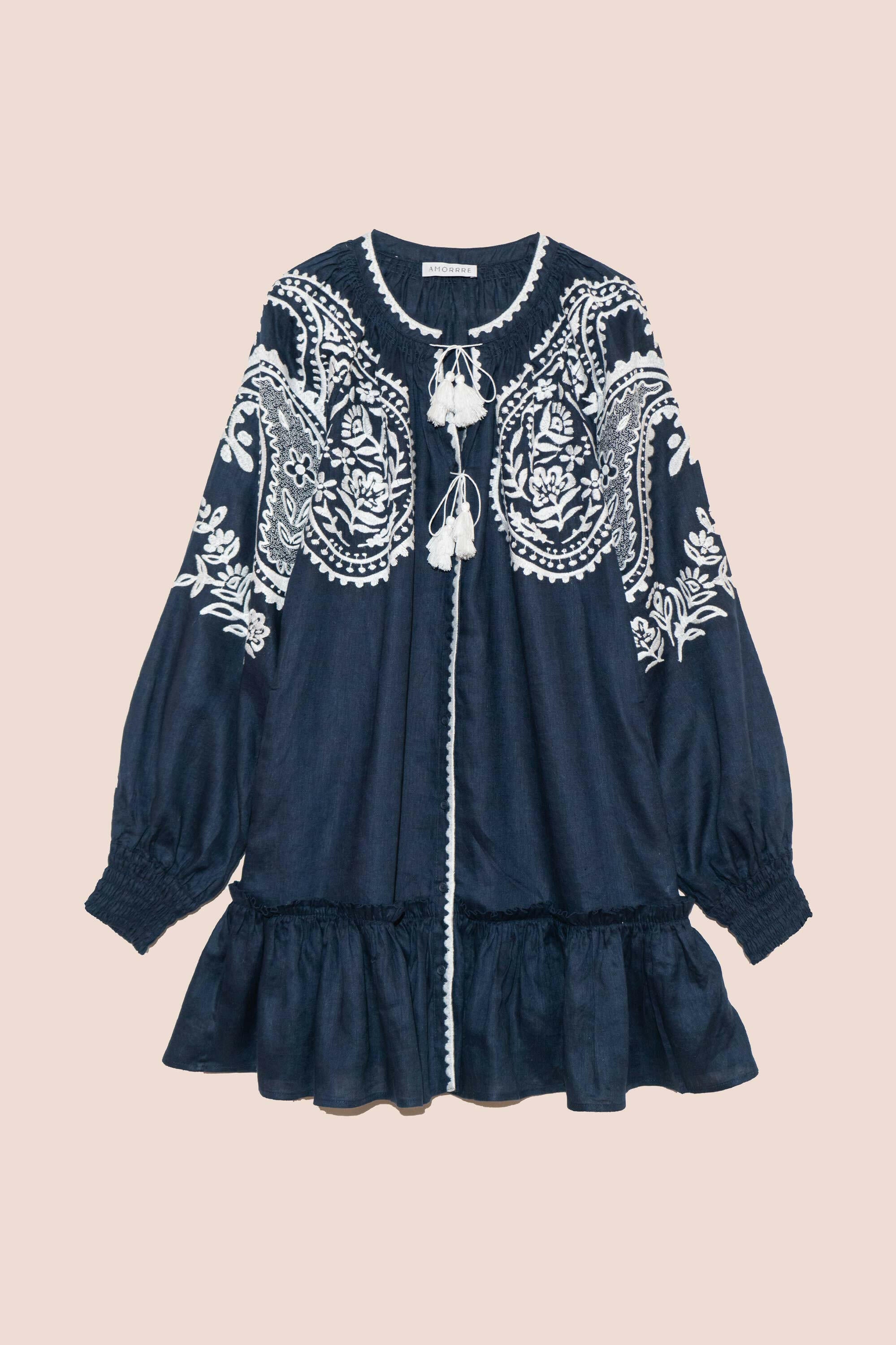 Sara Flared Short Dress in Midnight Blue by Amorrre – Luxury Resortwear, Embroidered Dresses & Kaftans.