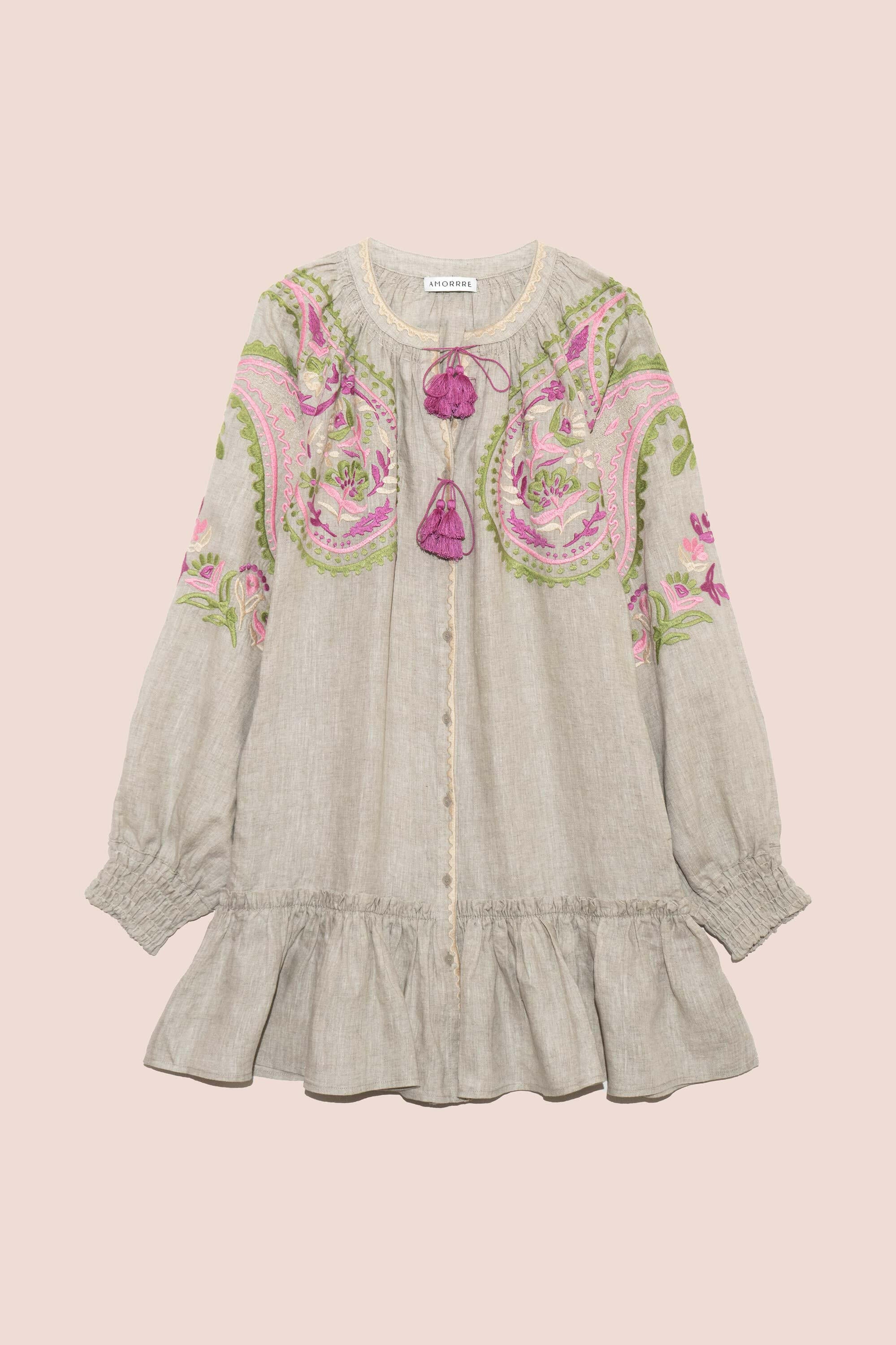 Sara Flared Short Dress in Sandstone by Amorrre – Luxury Resortwear, Embroidered Dresses & Kaftans.