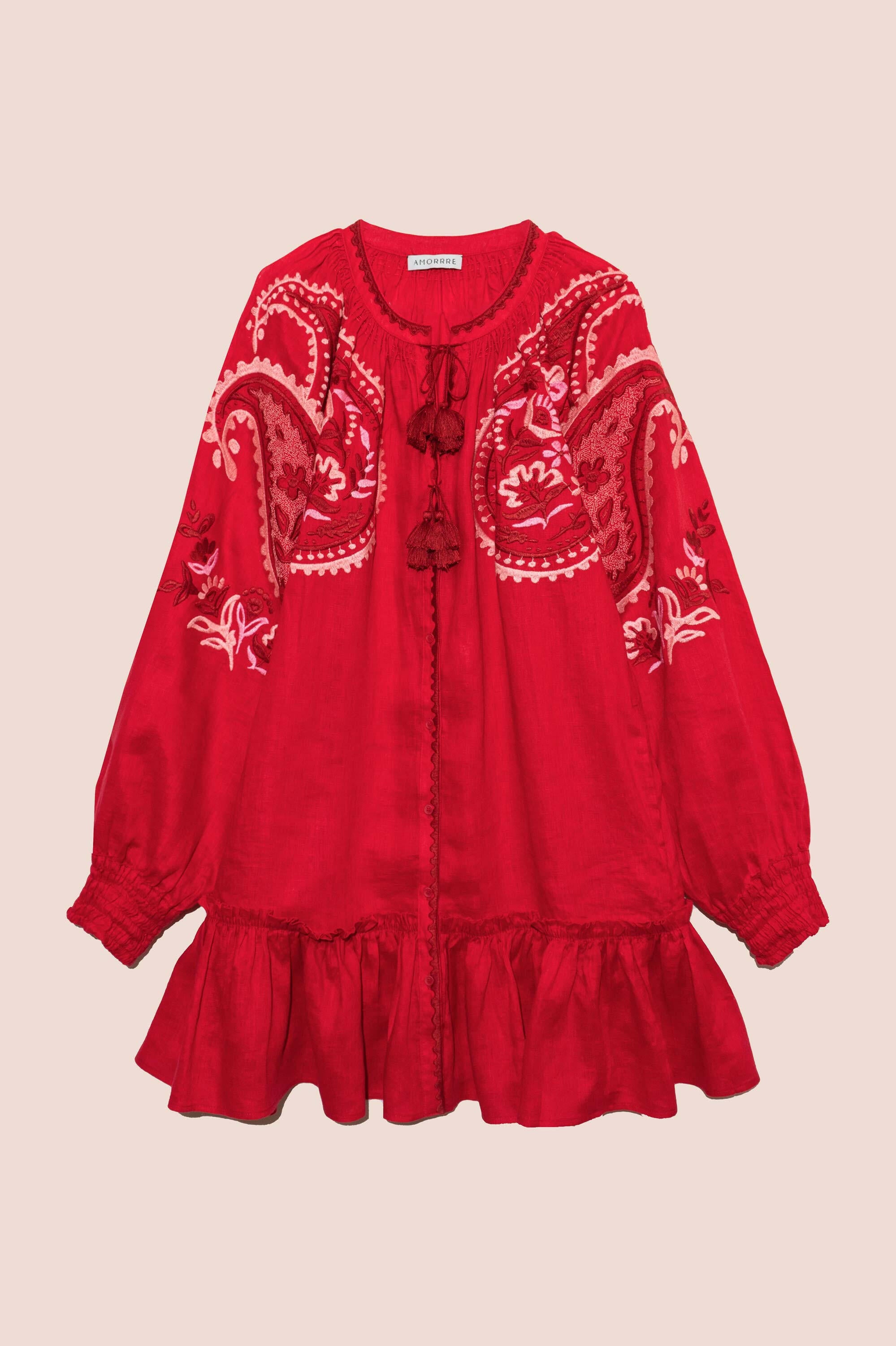 Sara Flared Short Dress in Scarlet Red by Amorrre – Luxury Resortwear, Embroidered Dresses & Kaftans.