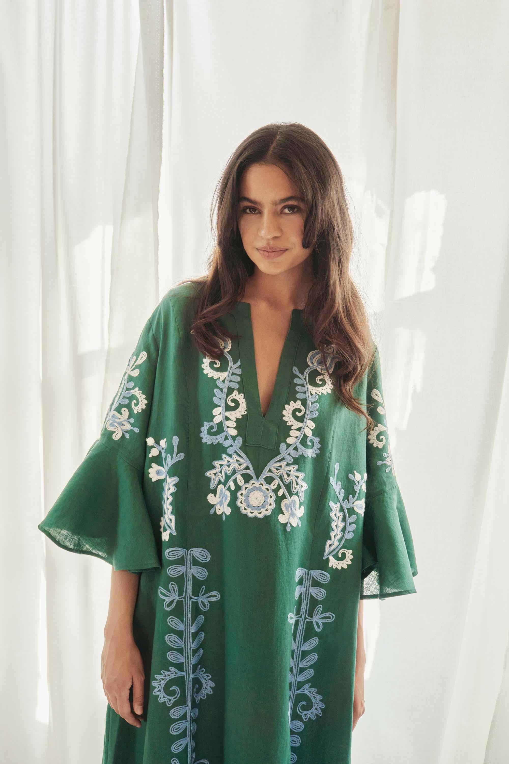 Mariposa Short Kaftan in Jadestone by Amorrre – Luxury Resortwear, Embroidered Dresses & Kaftans.