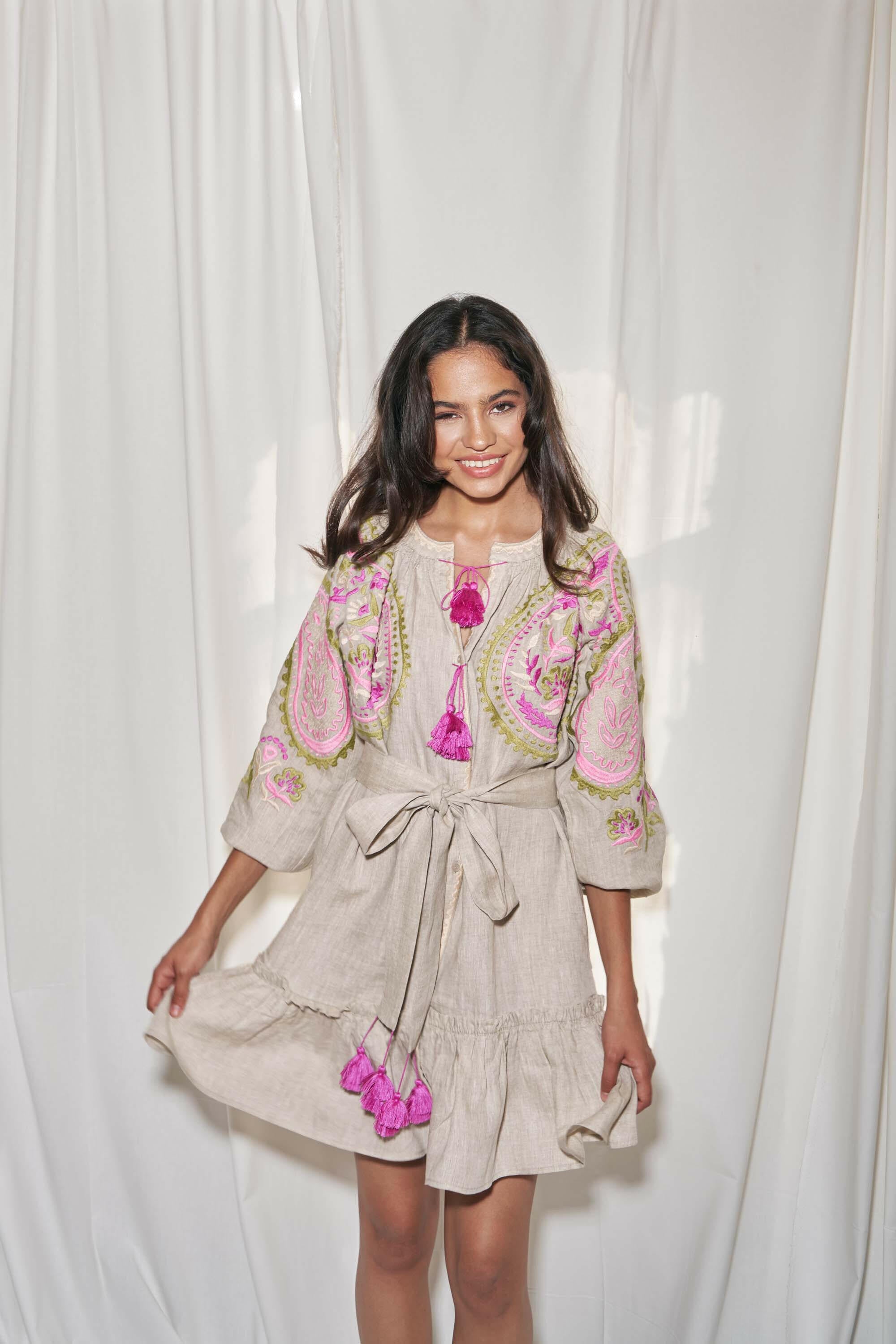 Sara Flared Short Dress in Sandstone by Amorrre – Luxury Resortwear, Embroidered Dresses & Kaftans.