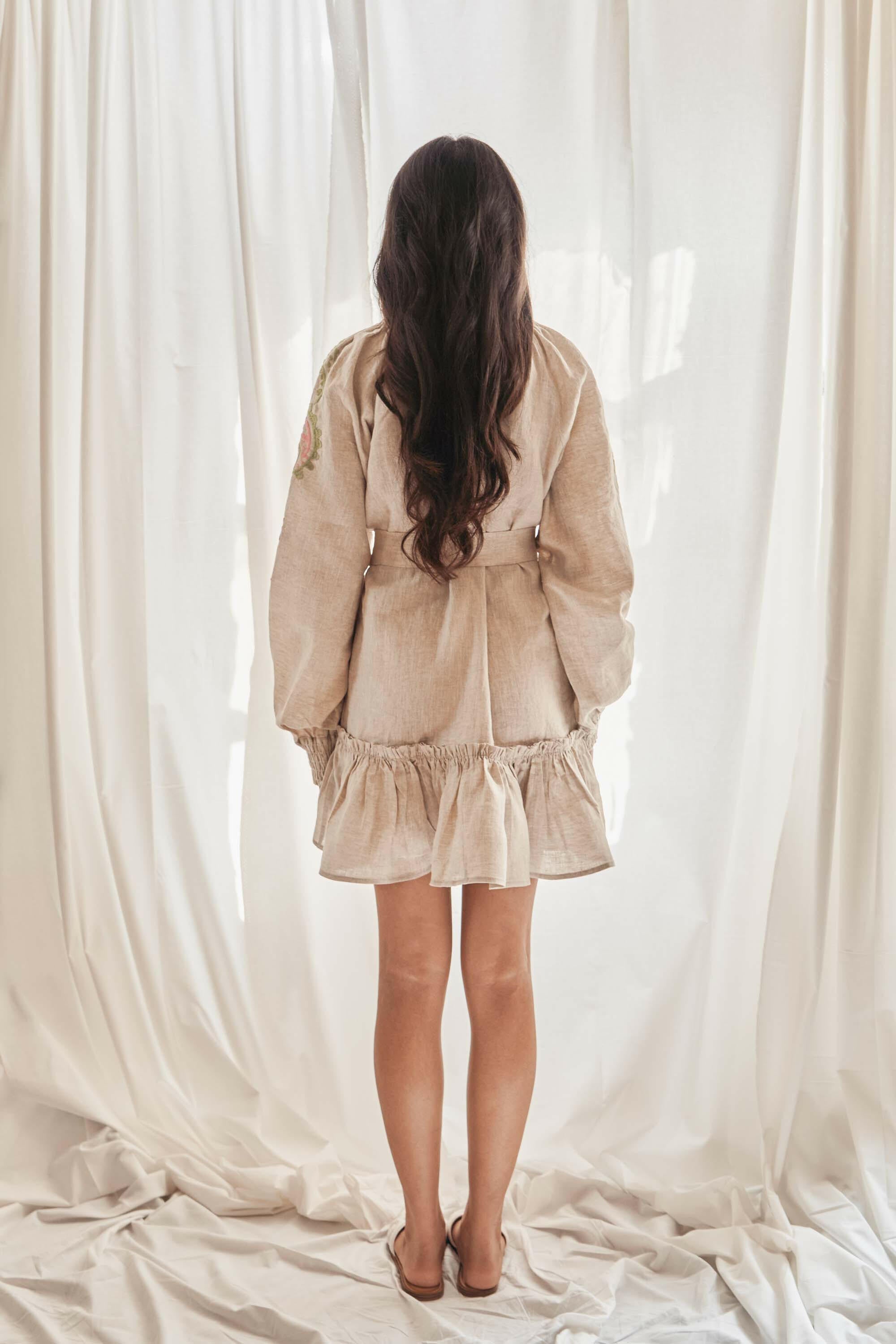 Sara Flared Short Dress in Sandstone by Amorrre – Luxury Resortwear, Embroidered Dresses & Kaftans.