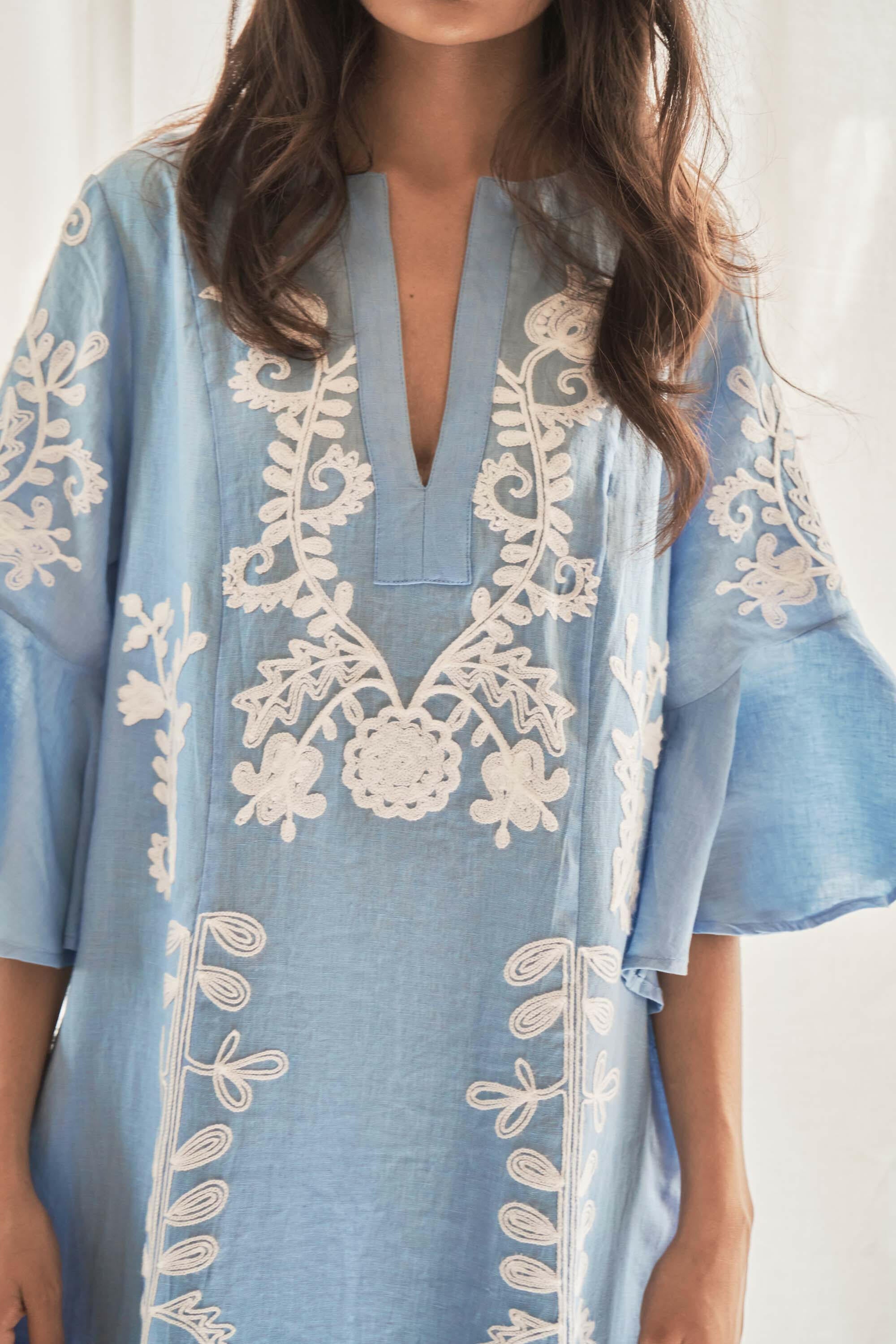 Mariposa Long Kaftan in Pastel Blue by Amorrre – Luxury Resortwear, Embroidered Dresses & Kaftans.