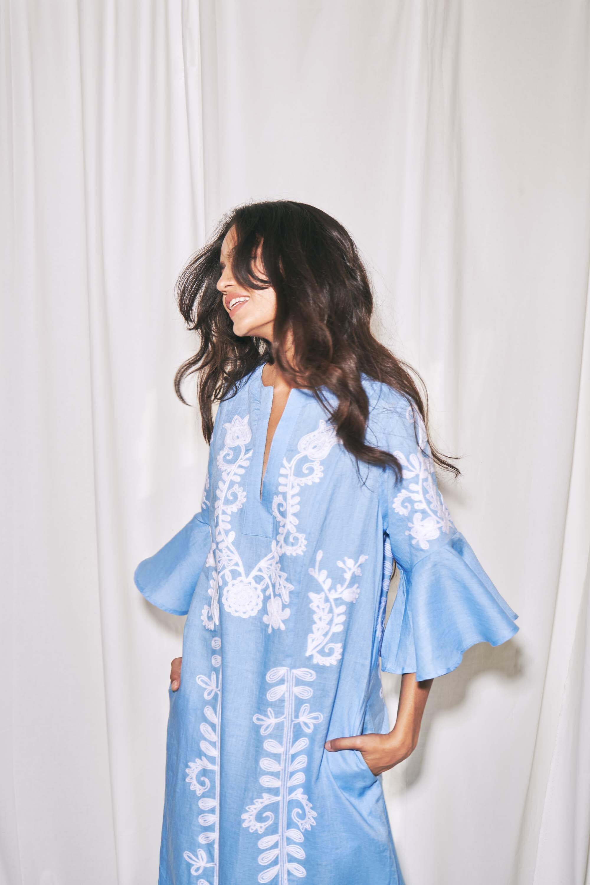 Mariposa Long Kaftan in Pastel Blue by Amorrre – Luxury Resortwear, Embroidered Dresses & Kaftans.