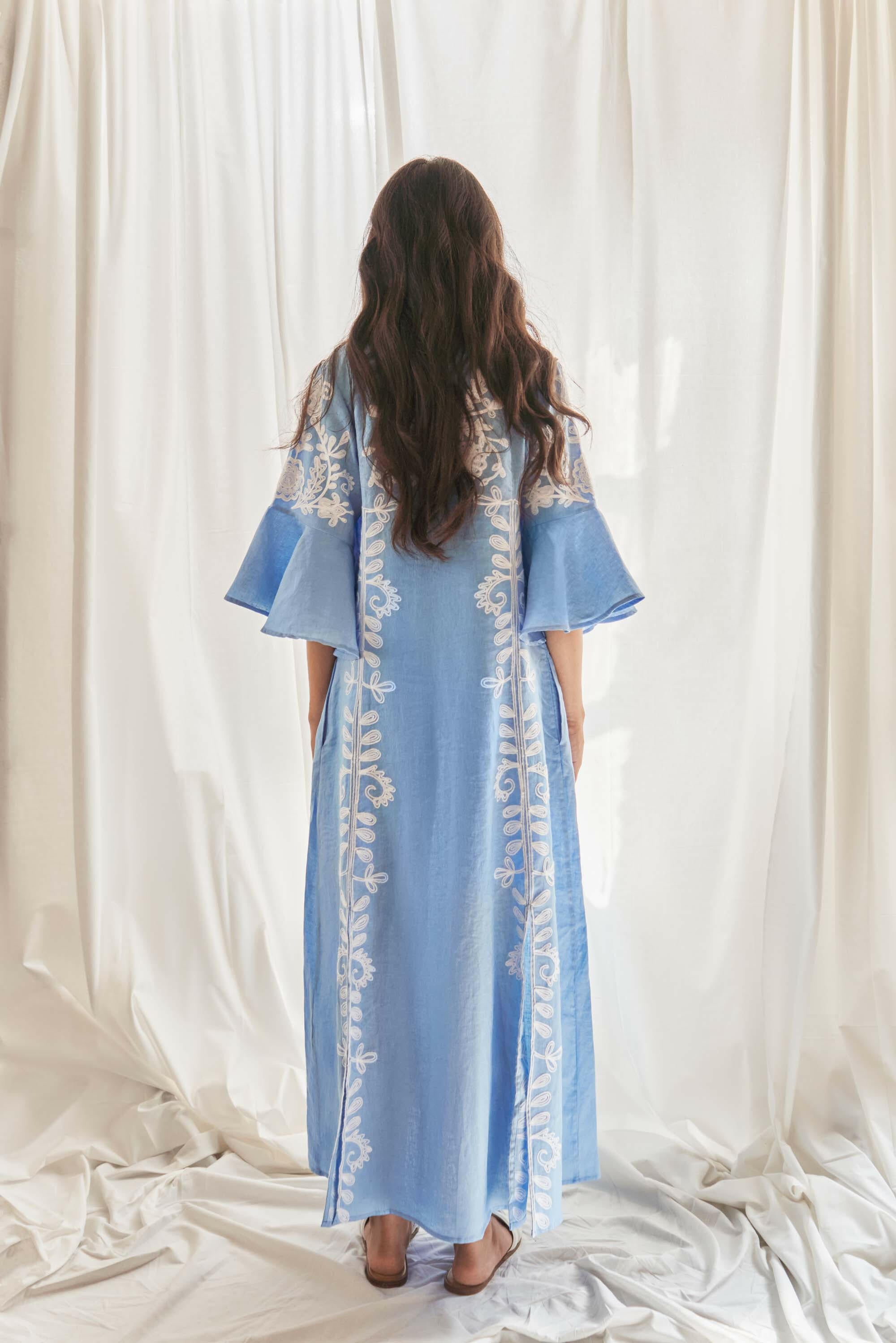 Mariposa Long Kaftan in Pastel Blue by Amorrre – Luxury Resortwear, Embroidered Dresses & Kaftans.