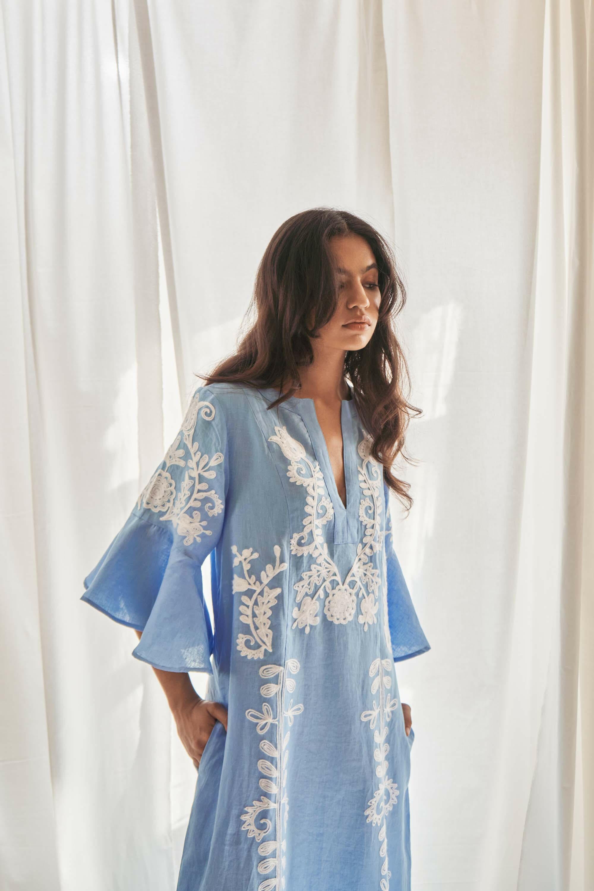 Mariposa Long Kaftan in Pastel Blue by Amorrre – Luxury Resortwear, Embroidered Dresses & Kaftans.