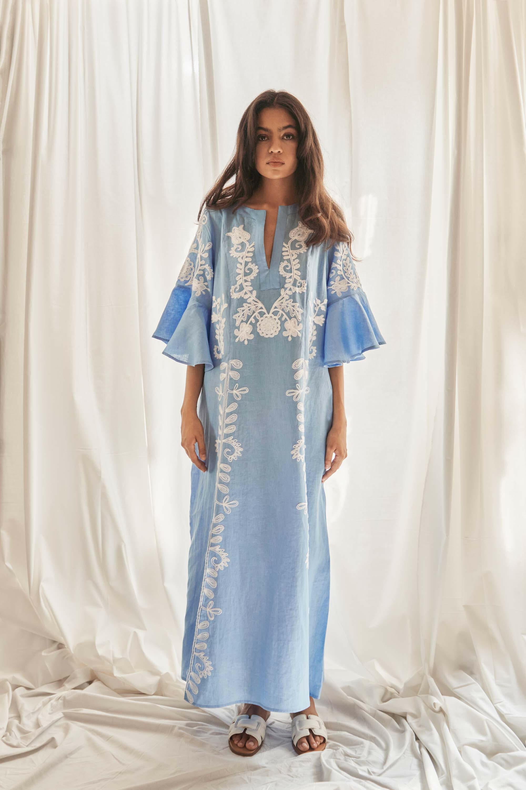 Mariposa Long Kaftan in Pastel Blue by Amorrre – Luxury Resortwear, Embroidered Dresses & Kaftans.
