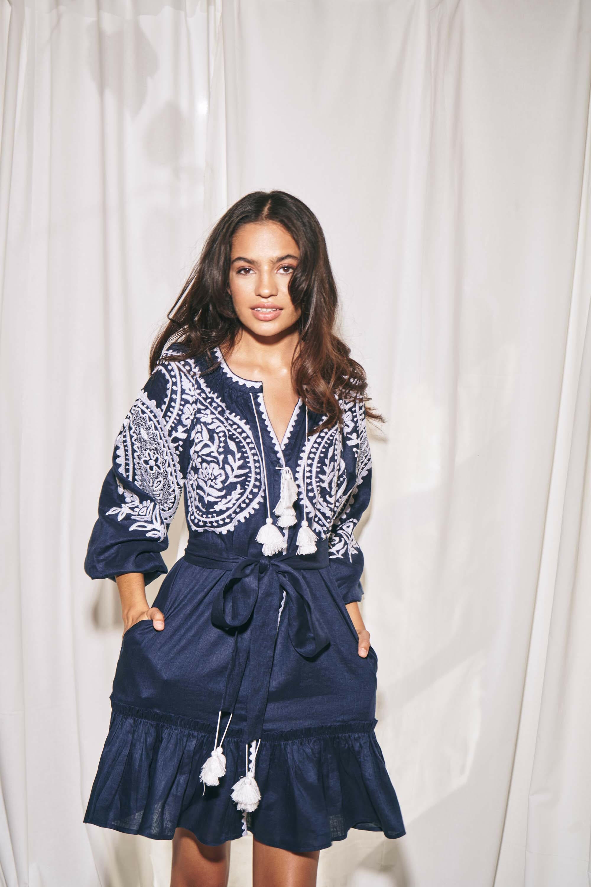 Sara Flared Short Dress in Midnight Blue by Amorrre – Luxury Resortwear, Embroidered Dresses & Kaftans.