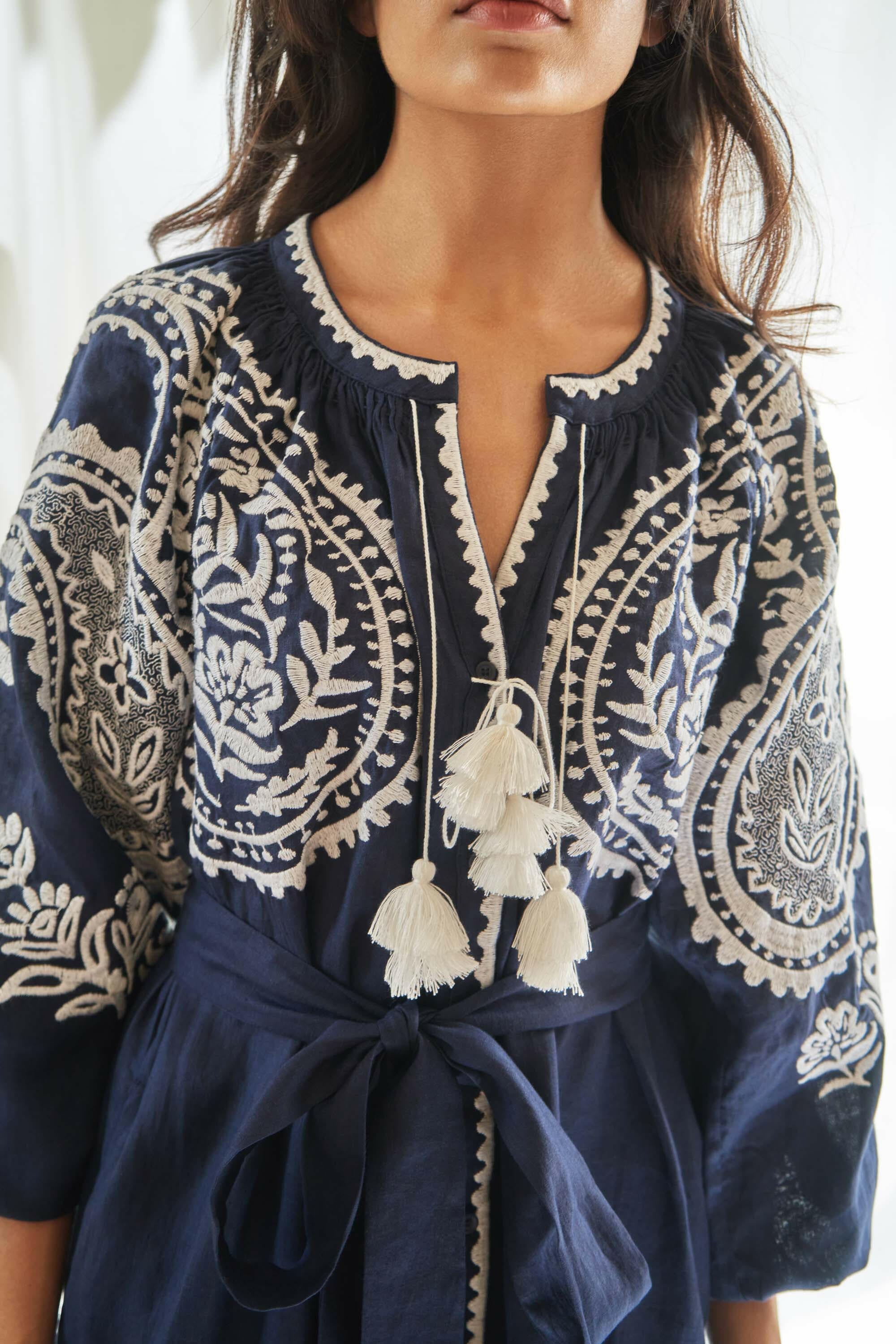 Sara Flared Short Dress in Midnight Blue by Amorrre – Luxury Resortwear, Embroidered Dresses & Kaftans.