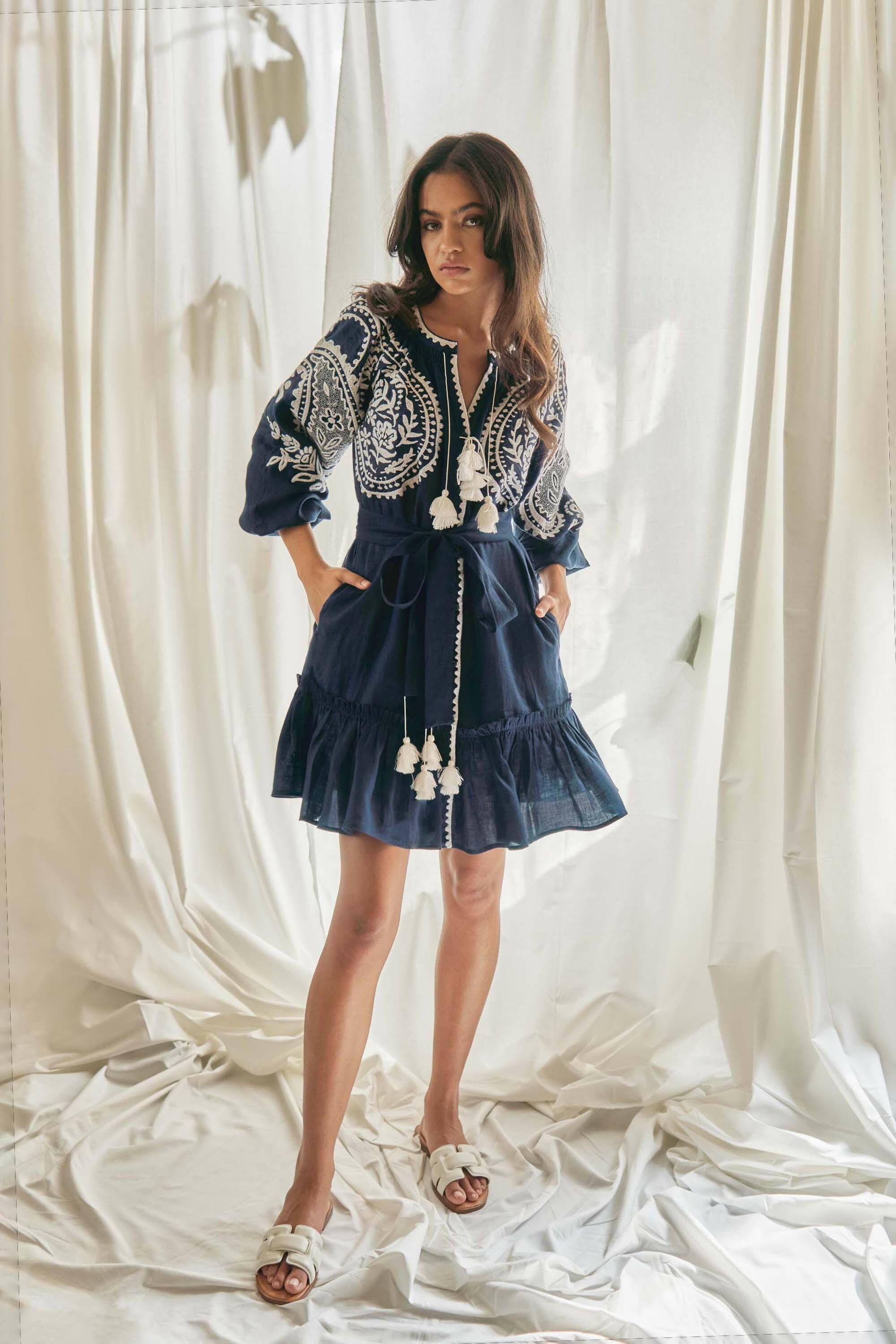 Sara Flared Short Dress in Midnight Blue by Amorrre – Luxury Resortwear, Embroidered Dresses & Kaftans.